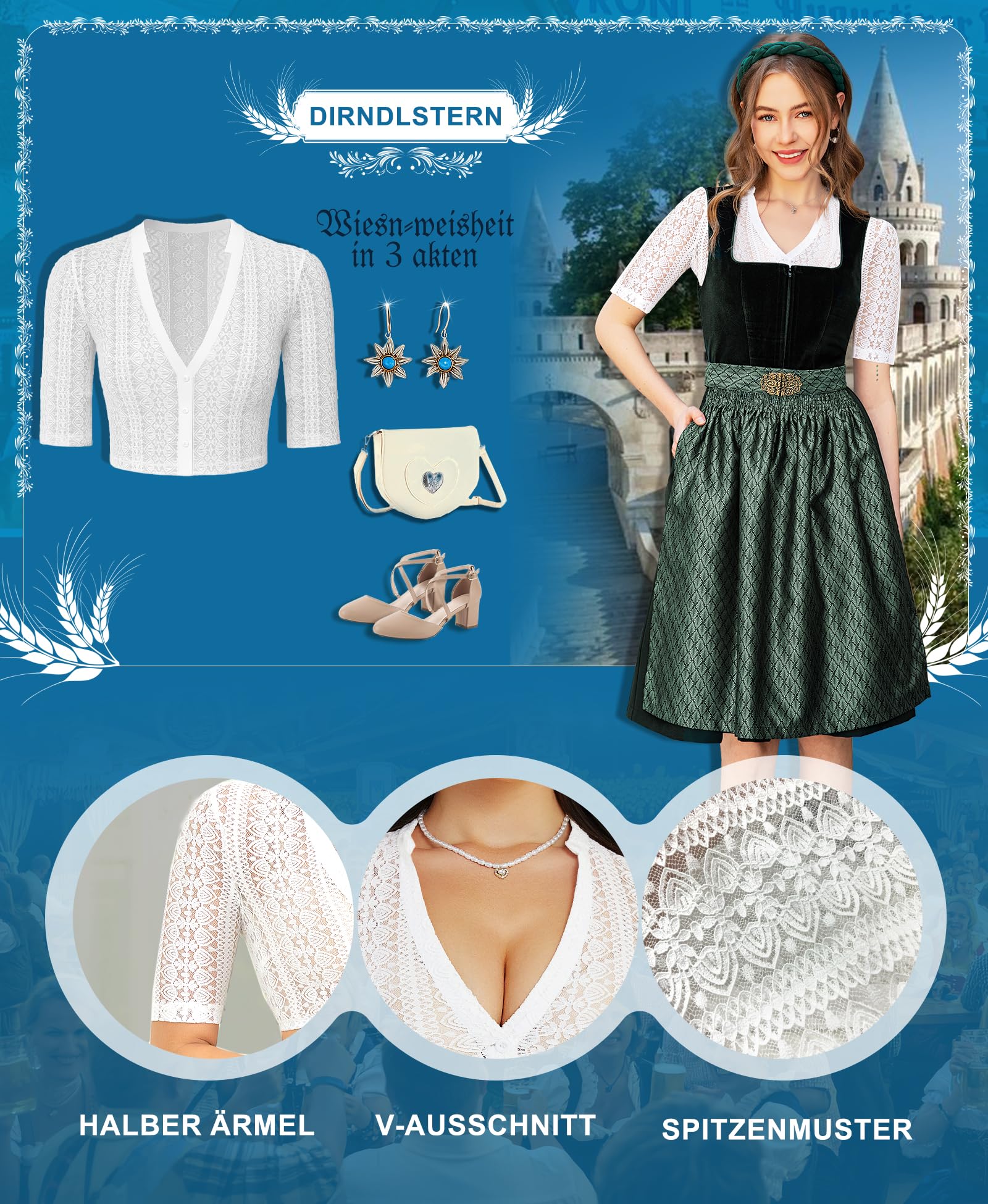 DIRNDLSTERN Dirndlbluse Damen Spitze Weiß - Trachtenbluse Halbarm Bluse mit V-Ausschnitt für Oktoberfest