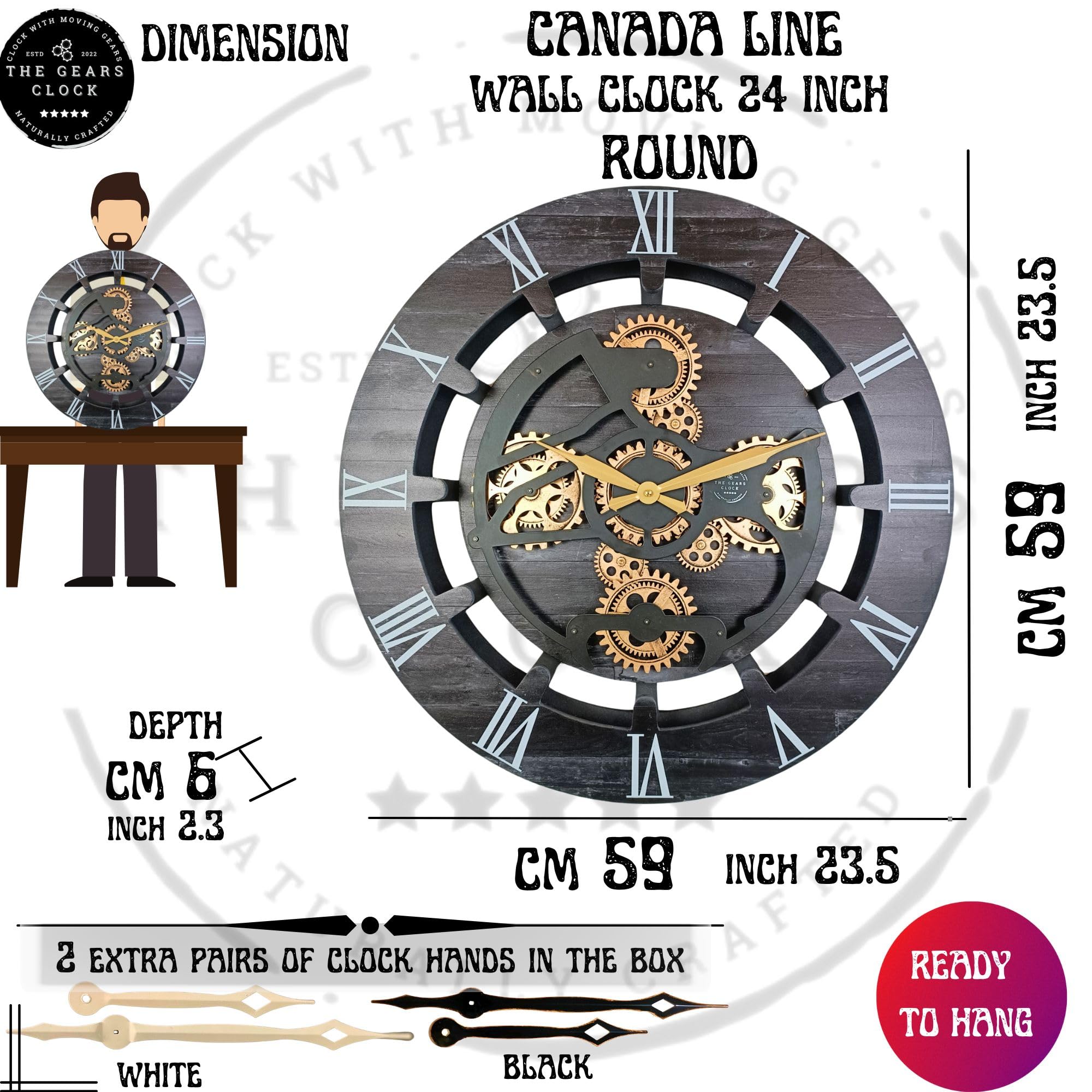 THE GEARS CLOCK Wanduhr mit echten beweglichen Zahnrädern Canada Line 60 cm rund (Silbergrau, 60 cm)