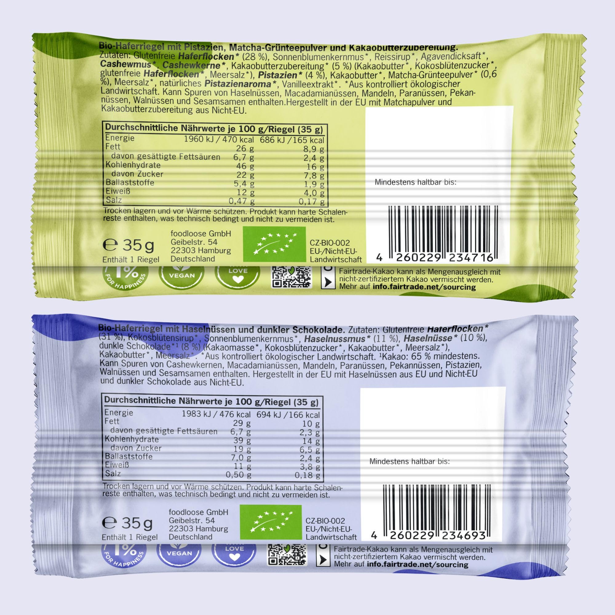 foodloose Oat Treats Bundle | Bio-Haferriegel White Pistachio & Matcha und Choc Chip Hazelnut | Vegan, glutenfrei & ohne raffinierten Zucker | Vorteilspack mit 30 Snacks à 40g
