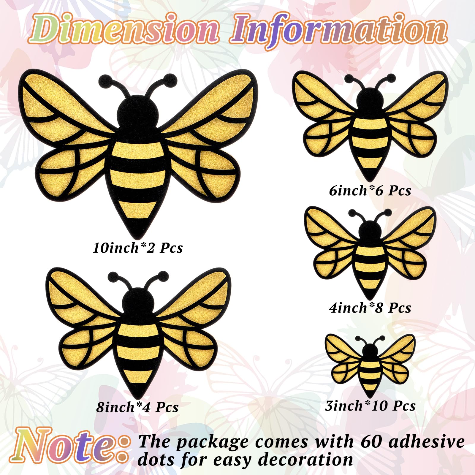 Feifeiya 30 Pcs 3D Bee Decor - 5 Sizes Glitter Honey Bumble Wall Decoration for Classroom Bee Themed Decals Large Confetti Cute Adhesive Birthday Party Baby Shower Outdoor Home Garden(Chic Style)