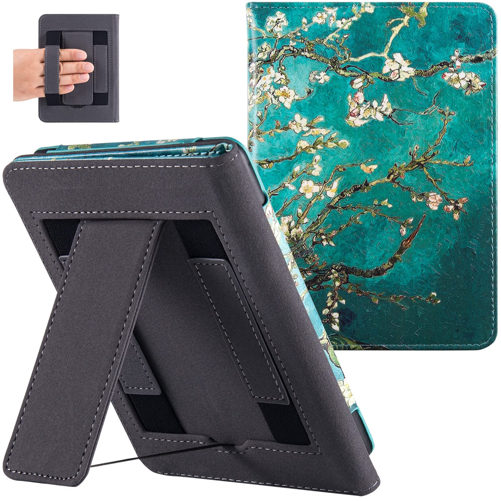 BOZHUORUI Stand Case for Older 6" Kindle Paperwhite 5th/6th/7th/10th Generation e-Reader (2012-2018 Release) - PU Leather Sleeve Cover with Two Hand Straps & Auto Sleep/Wake (Apricot Flower)