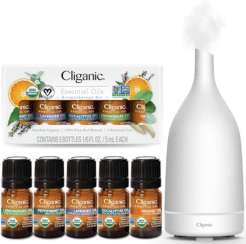 Cliganic Juego de aceites esenciales orgánicos (Top 5) + difusor de cerámica blanca