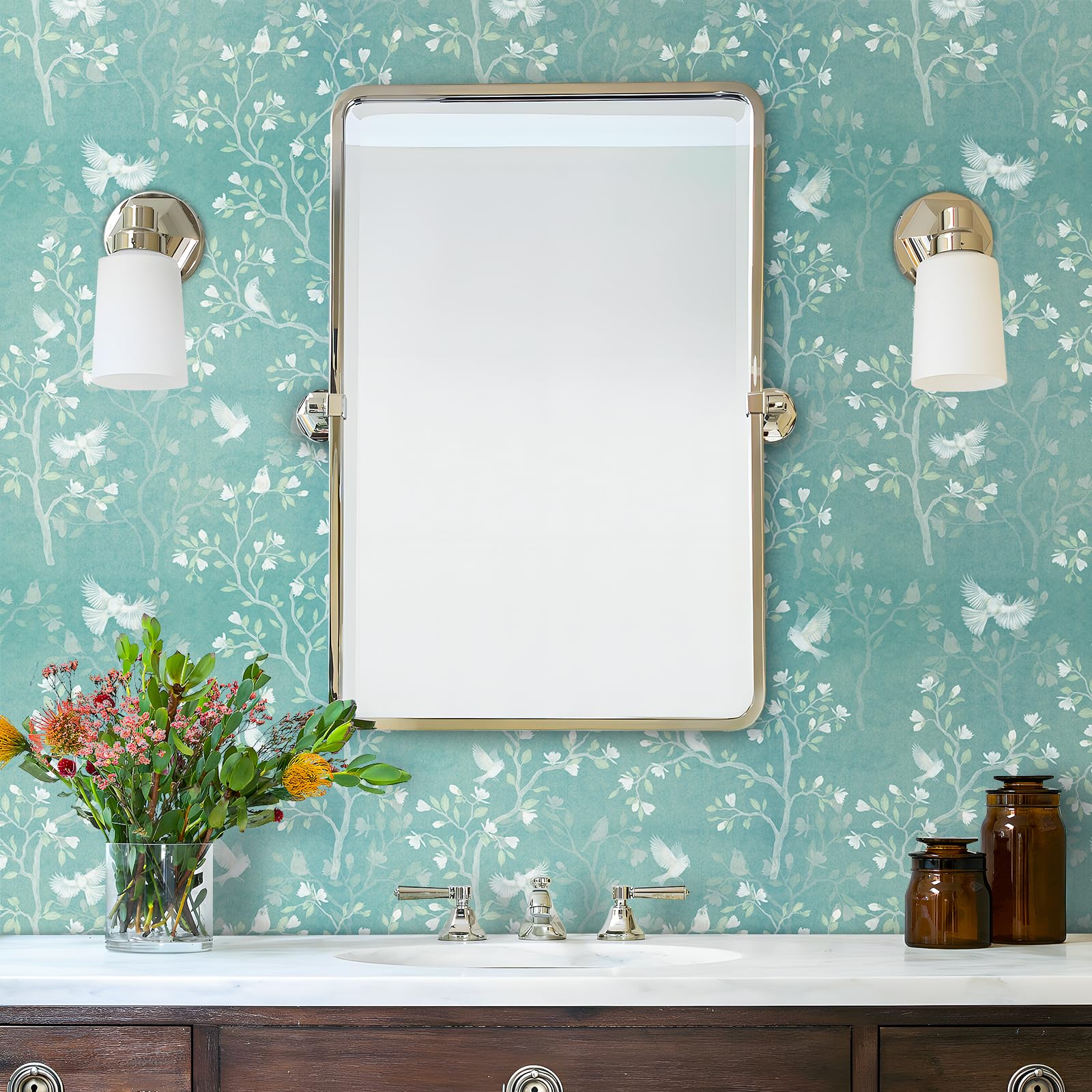 FunStick 44.5CM×9M Papel de Pared Autoadhesivo Flores Pequeñas y Árboles Azul Verde Vinilo Adhesivo Muebles Dormitorio Habitación Papel Adhesivo para Muebles Azul Turquesa Vinilos Adhesivos Pared Baño