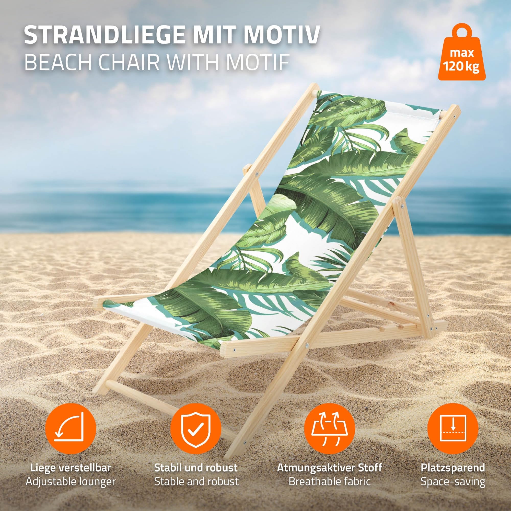 ECD Germany 2er Set Liegestuhl klappbar Tropical Grün-Weiß, aus Holz, Sonnenliege mit verstellbarer Rückenlehne, Strandliege bis 120 kg, Gartenliege, Strandstuhl, Relaxliege für Garten Balkon Terrasse