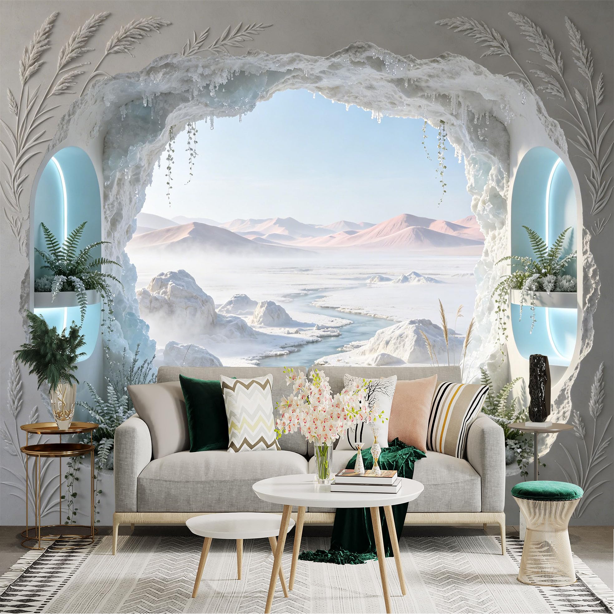 Custom Size Wall Sticker Mural， Frozen Landscape with River， Snowy Mountains and Modern Window View， for wall Decoration， peelandstick wall Decals.