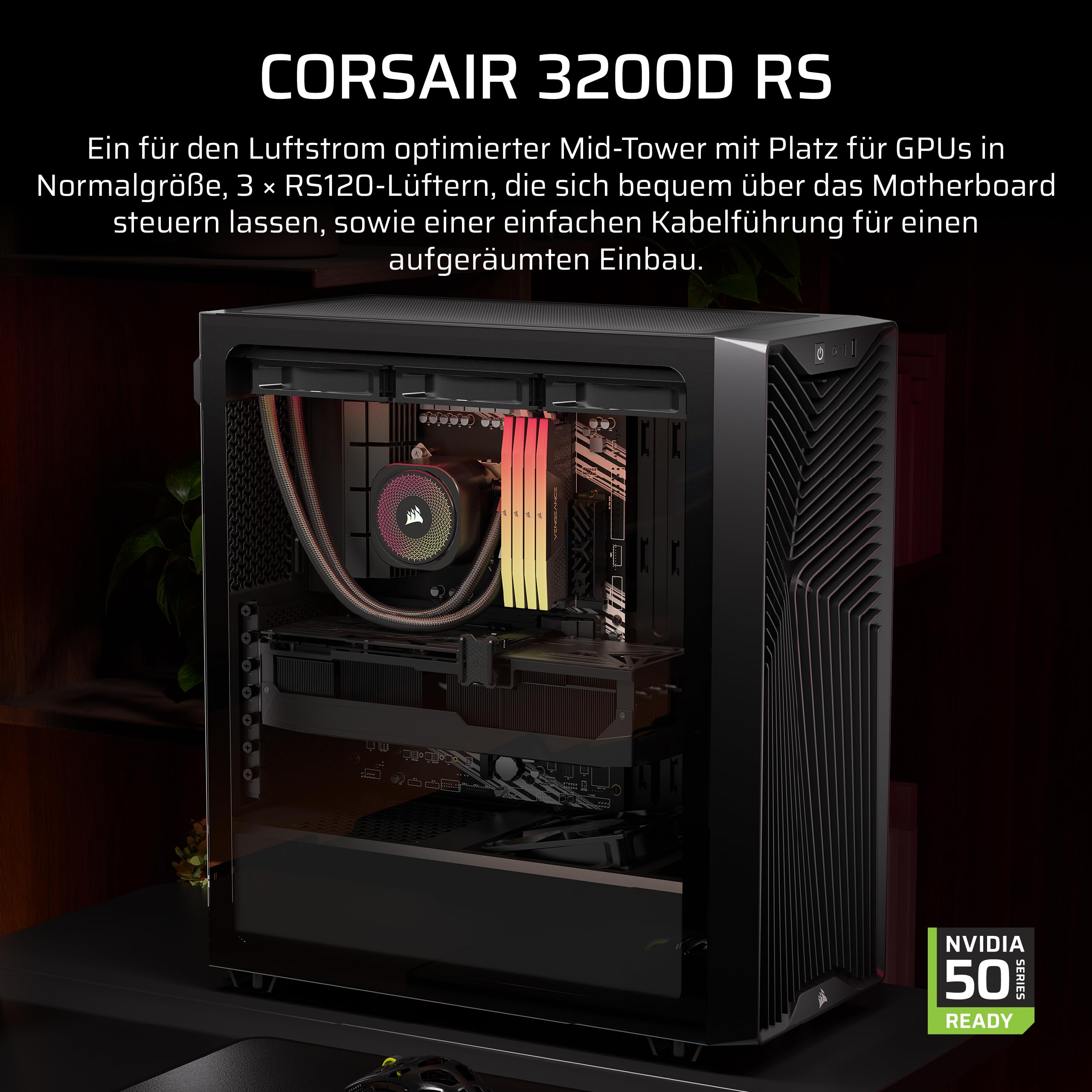 CORSAIR 3200D RS Mid-Tower ATX PC-Gehäuse – Schwarz | 3x RS120 PWM-Lüfter Enthalten, GPU-Anti-Sag-Stabilisierungsarm, ASUS BTF, MSI Project Zero, Gigabyte Project Stealth