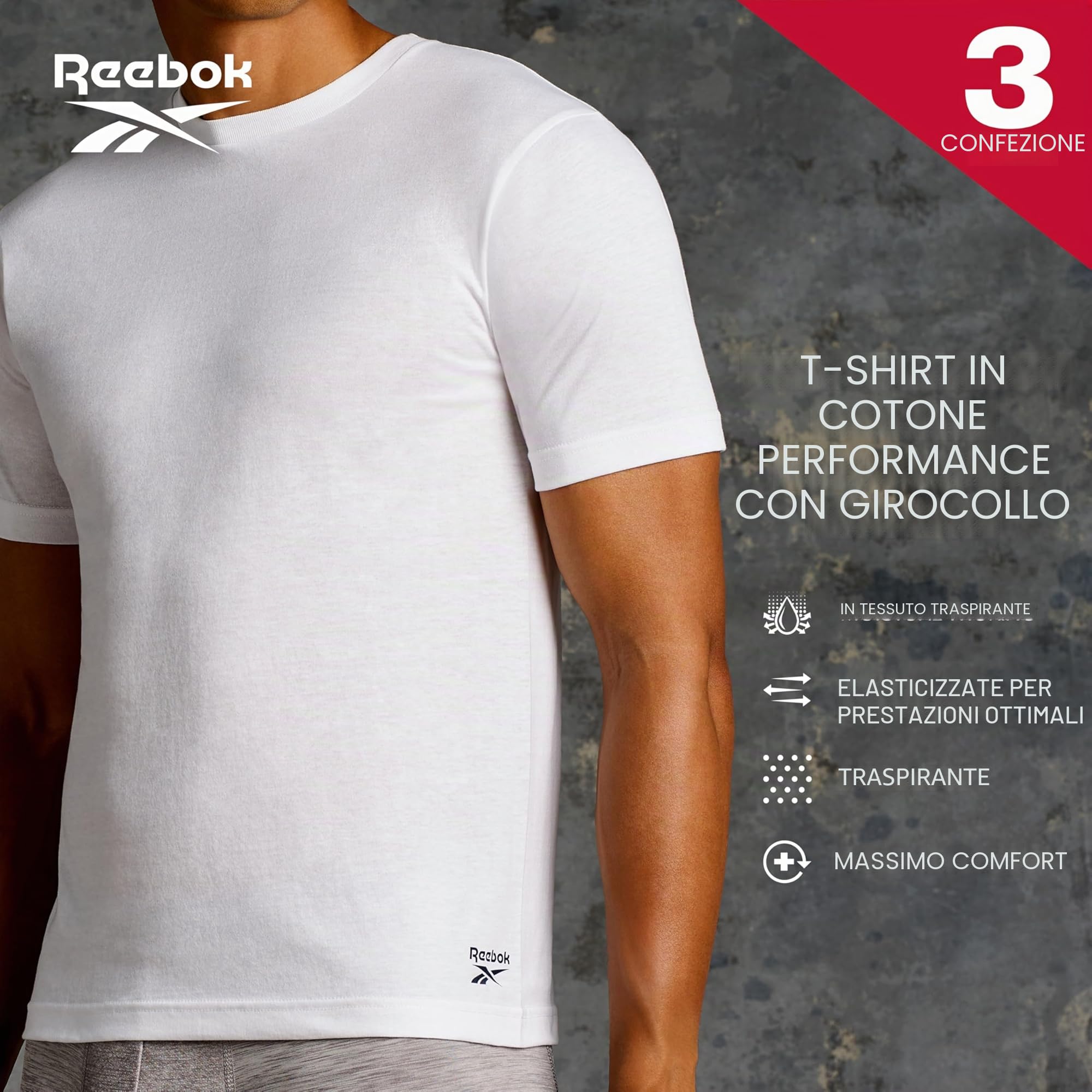 Reebok Santo Magliette Uomo in Cotone – Pack da 3 T-Shirt Uomo Firmate | Abbigliamento Uomo per Palestra e Tempo Libero | Magliette Intime Uomo Traspiranti