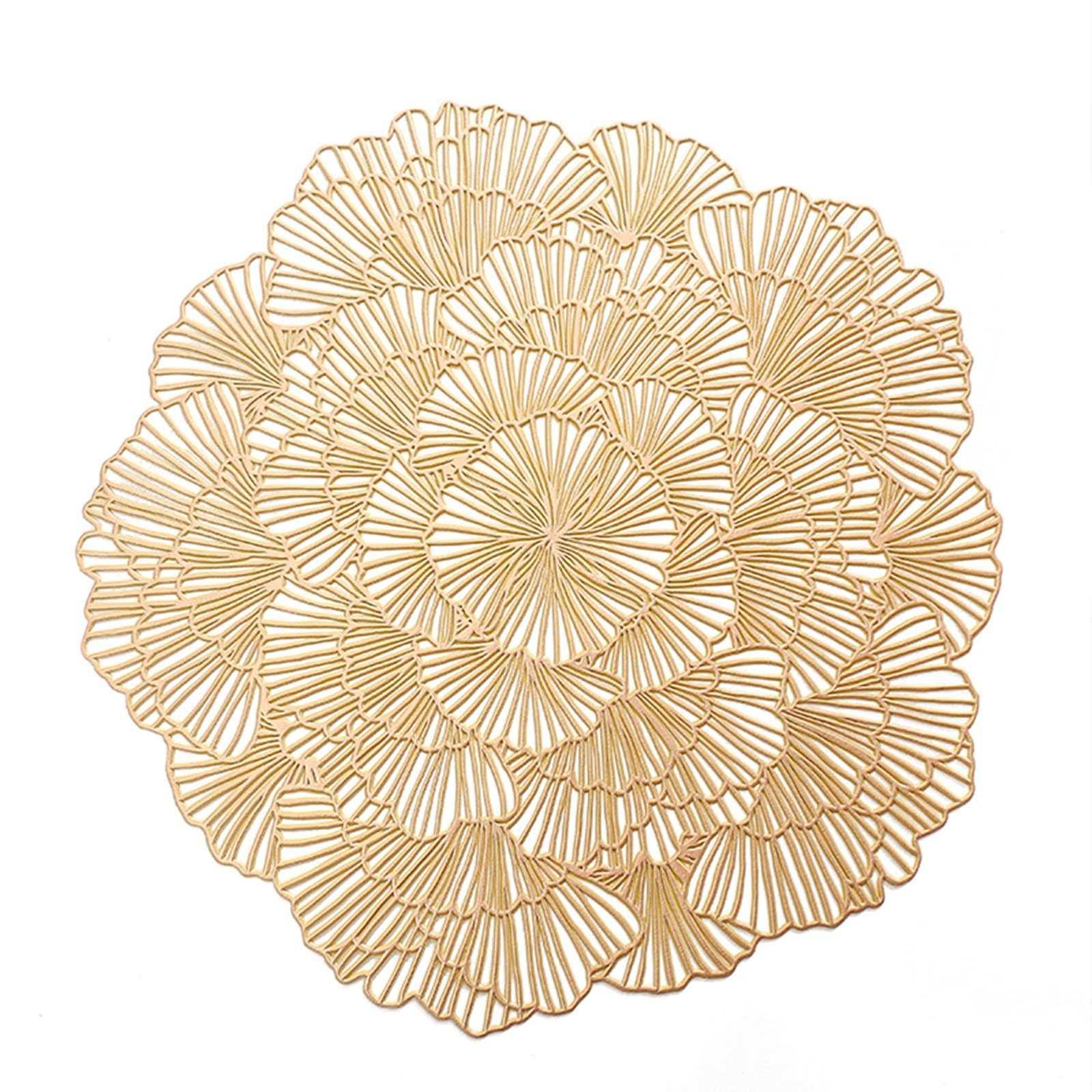 Juego de 10 manteles individuales de mesa, lavable, PVC, redondo, redondo, hueco, de estilo europeo, antideslizante, resistente al desgaste al calor, oro, 38 cm