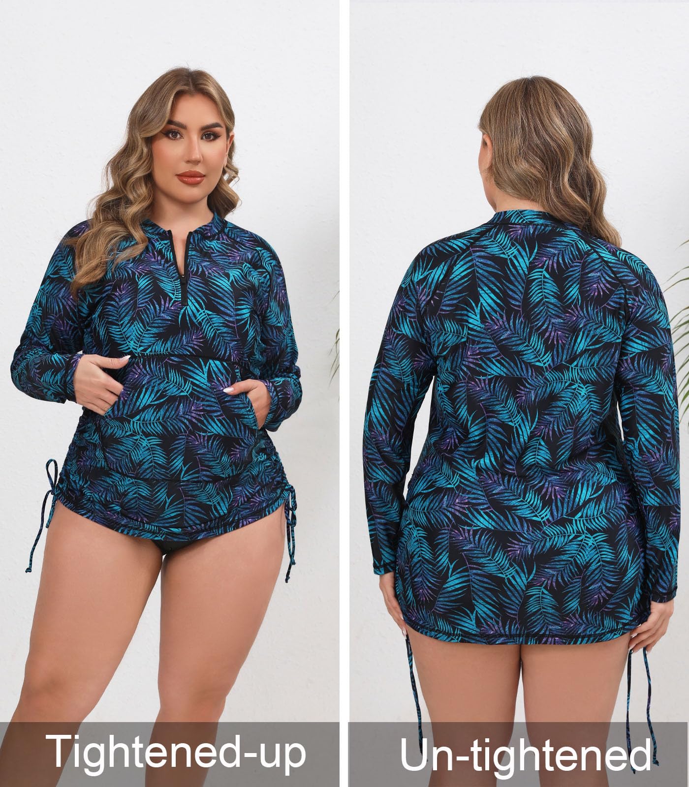Halcurt Rashguard für Damen, Übergröße, LSF 50+, Reißverschluss, Kordelzug, gerüschte Taschen