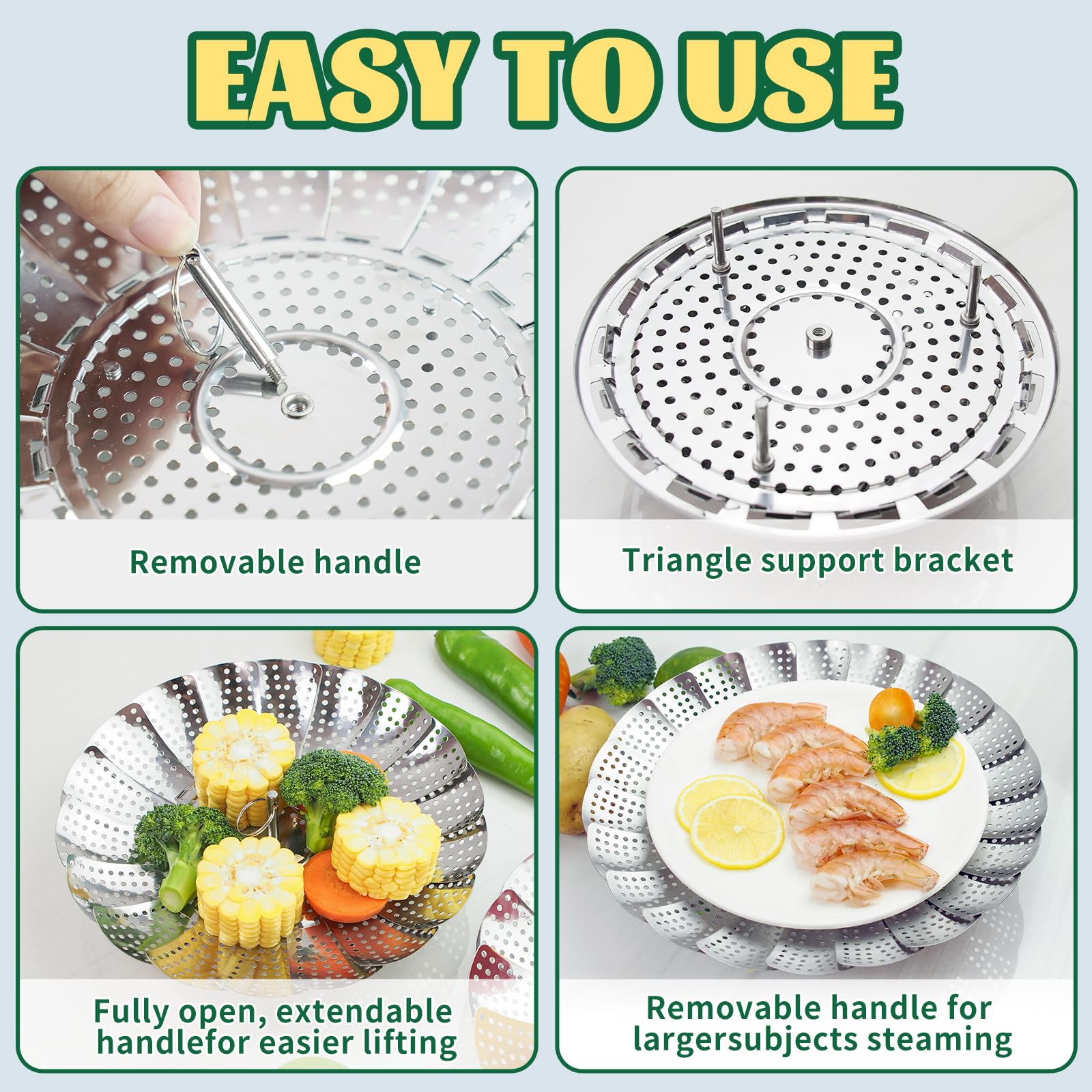 SHIKORI Stainless Steel Steamer Basket Set - 2 Pack, 11 Inch Round Folding Food Steamer, Green - View #2