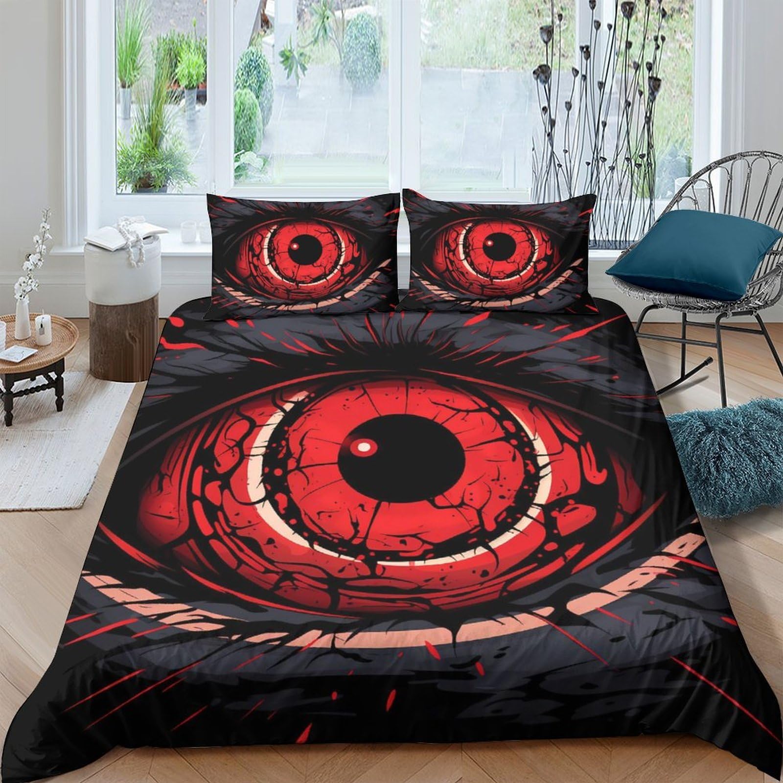GPLZQXKJNH 3D Printed Red Eye Duvet Cover Set Microfiber Soft Breathable Black Horror Bedding with 2 Pillowcases for Bedroom Single（135x200cm）
