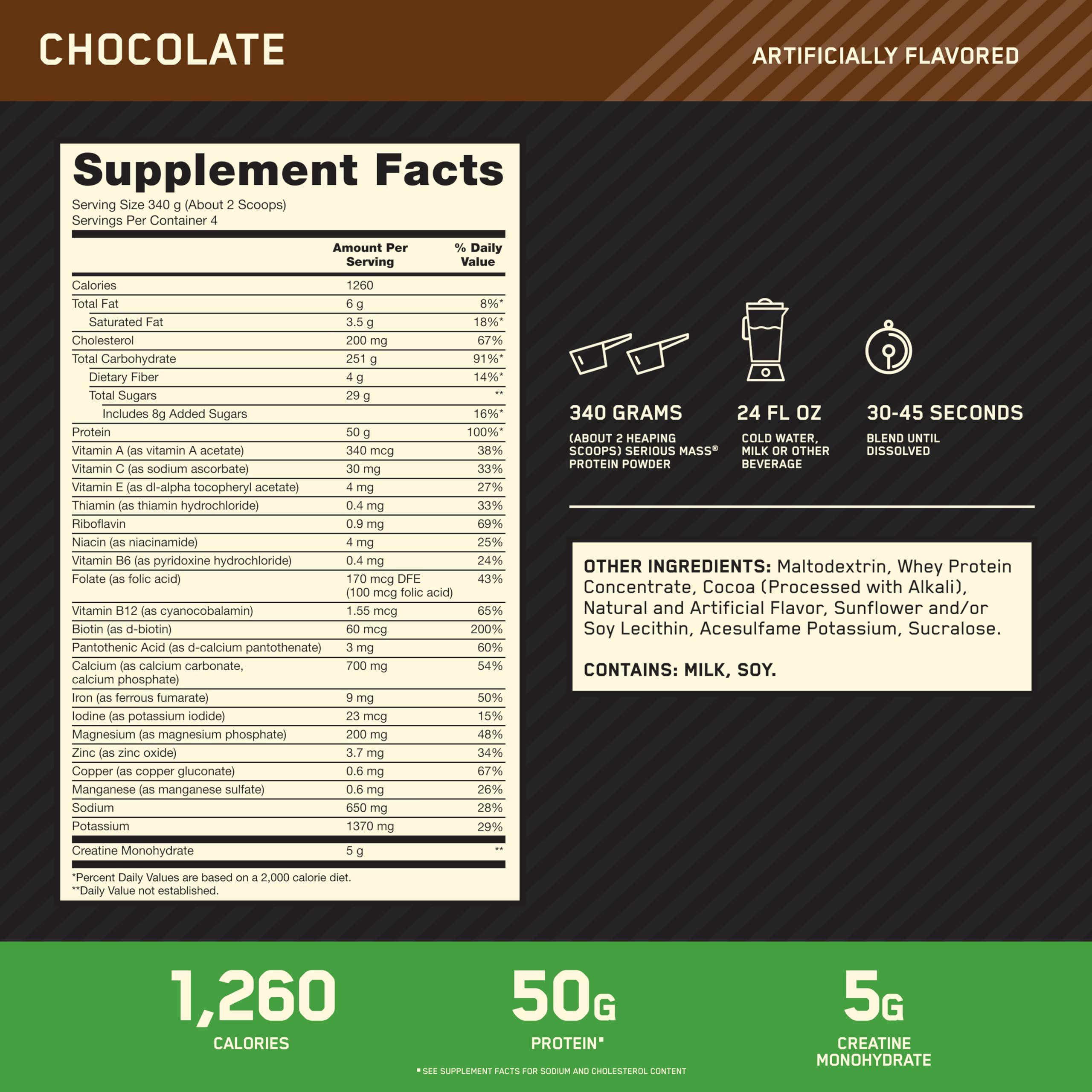 Optimum Nutrition Serious Mass Weight Gainer Protein Powder, Chocolate, 3LB — Amazon image 3
