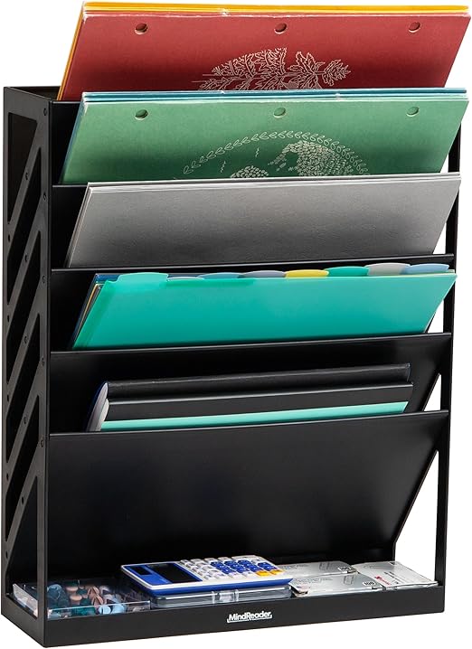 Mind Reader 5-Tier Vertical File Storage, Desktop Organizer, Wall Mount, Office, Plastic, 13" L x 4.25" W x 16" H, Black