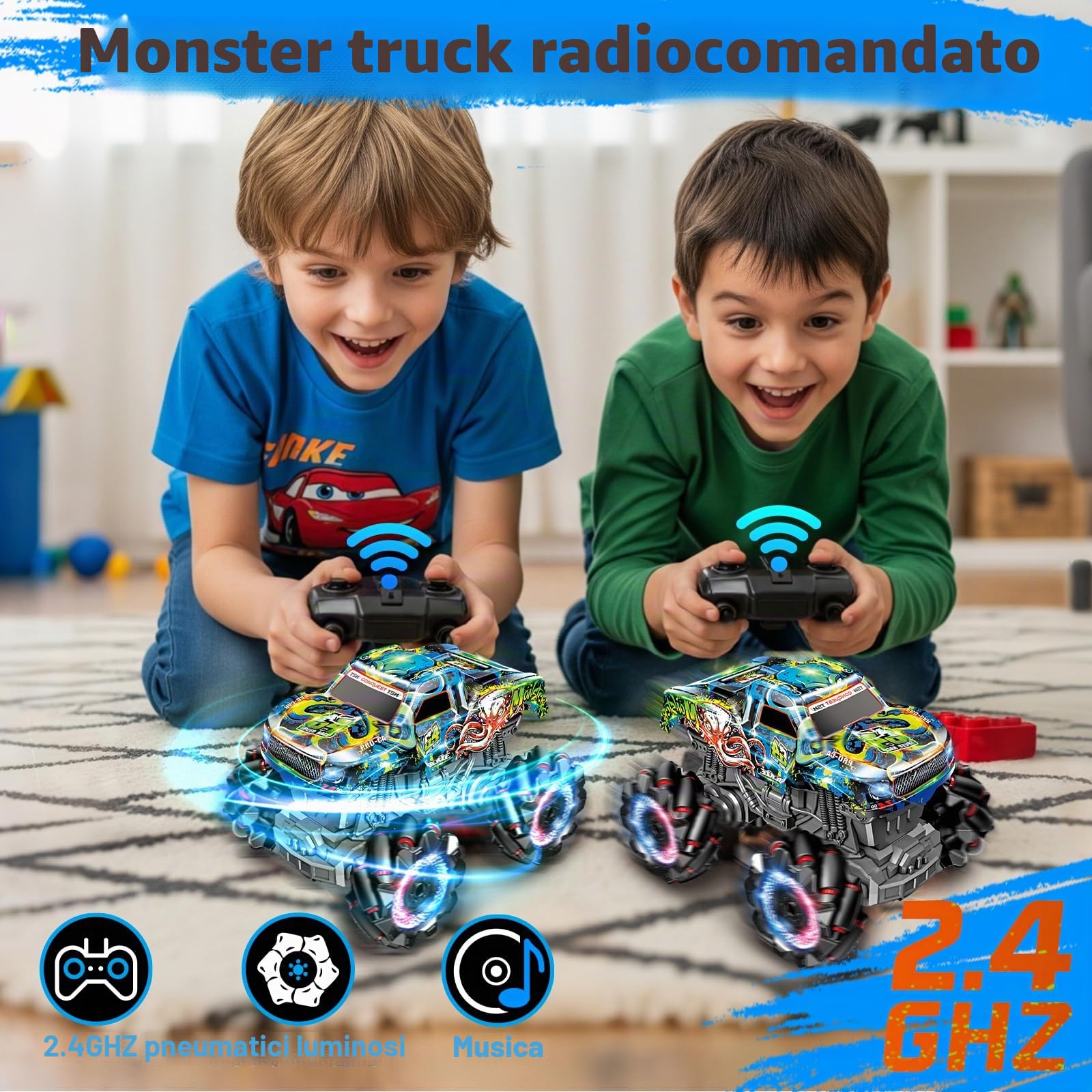 Monster truck telecomandato con luci, musica e rotazione a 360°