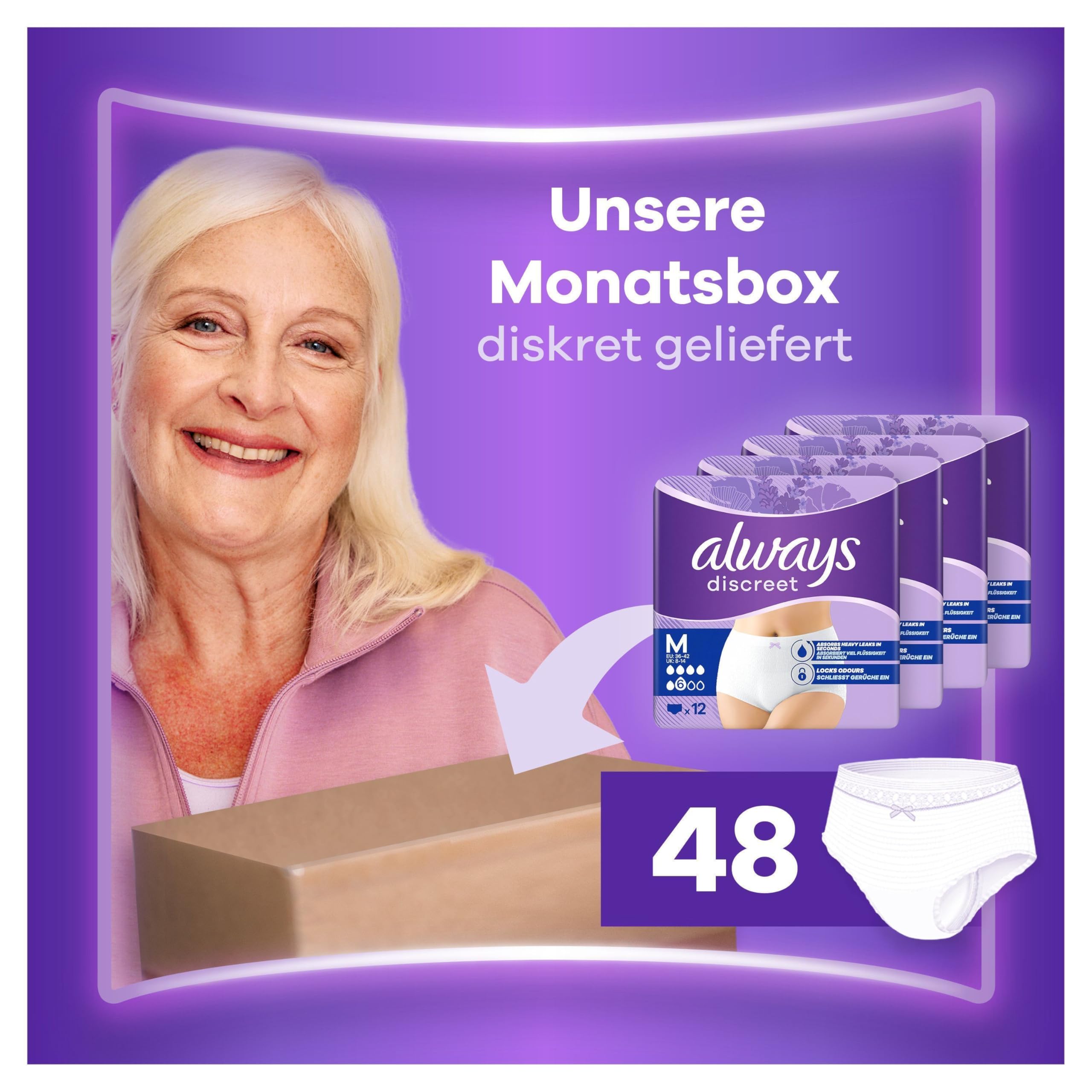 Always Discreet Inkontinenz-Höschen Plus Für Frauen, M, 48 Höschen, Verhindert Auslaufen Und Gerüche, Angenehm Und Kaum Spürbar