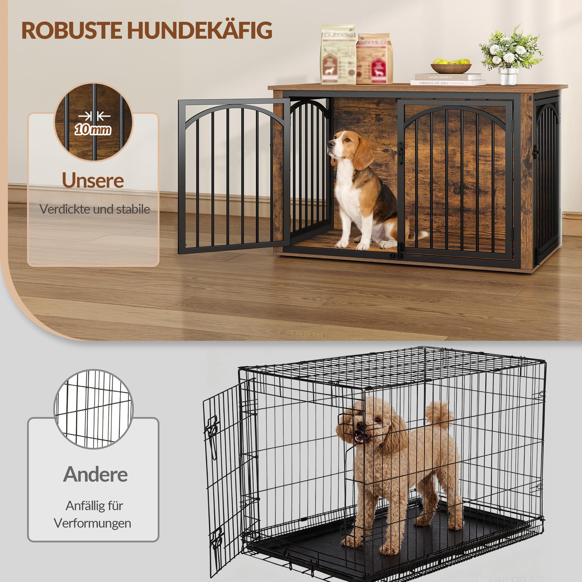Hundekäfig Möbel, 100cm Hundebox für Zuhause mit 4 Türen, Moderne Hundebox Holz, Beistelltisch, für Mittelgroße bis Große Hunde, Hundekäfig Indoor, 100 x 60 x 63 cm, Vintagebraun und Schwarz
