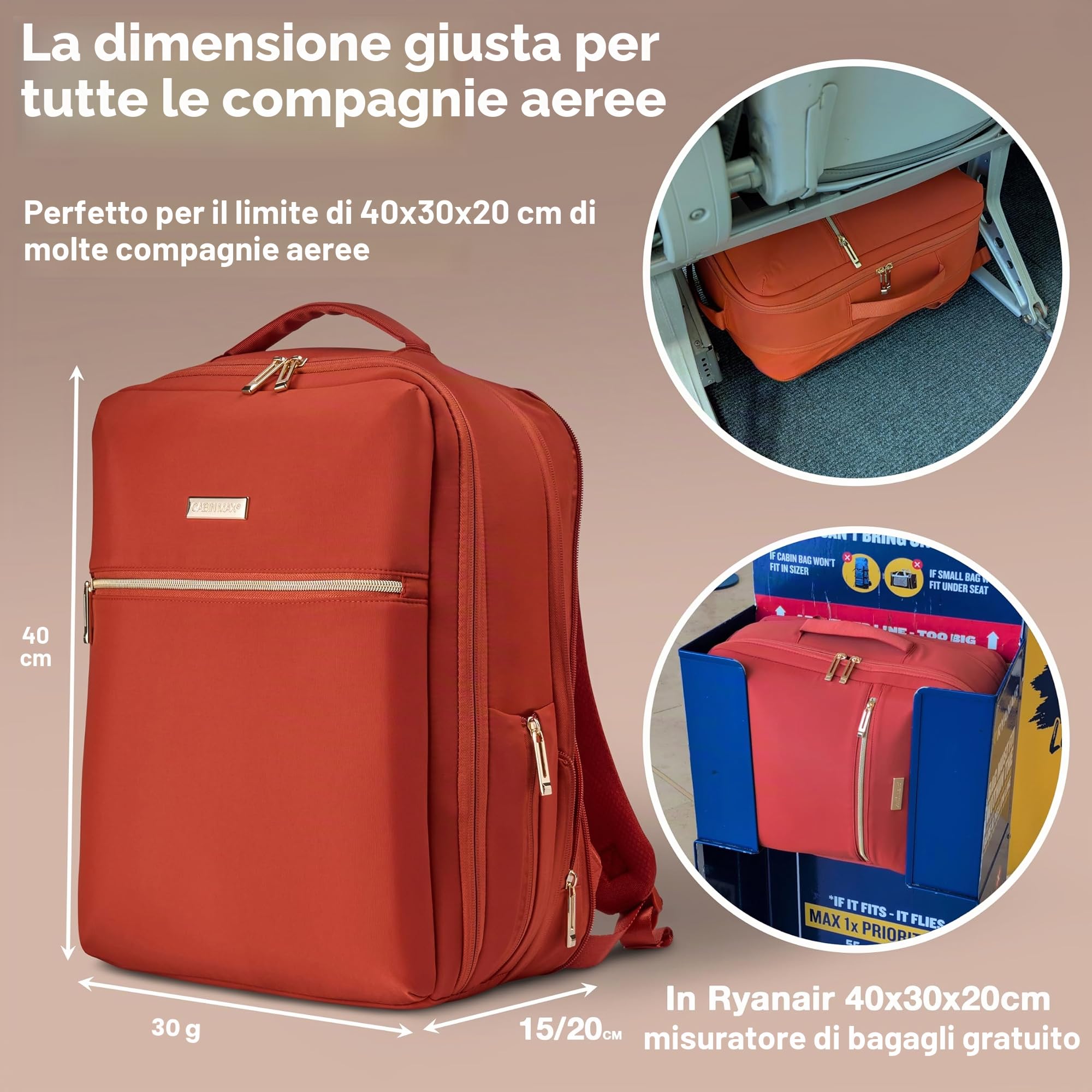 Zaino da Viaggio Espandibile 40×30×20 – 40 x 30 x 15 cm Borsa per Cabina per Ryanair Sotto Sedile/BA / Jet2 40×30×15 cm Bagaglio a Mano per Volo – Zaino da Trasporto per Compagnie Aeree e Viaggi del