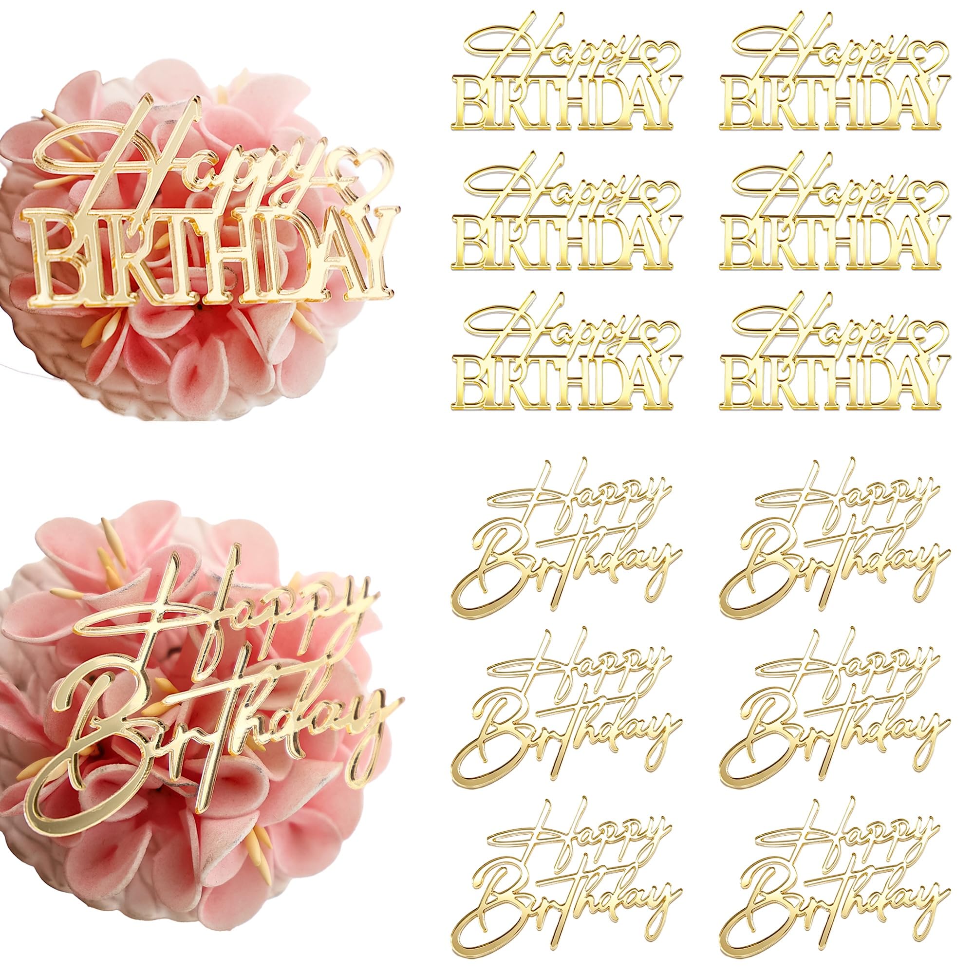 12 Pieces Happy Birthday Gold Mirror Acrylic Cupcake Toppers Dessert Decor