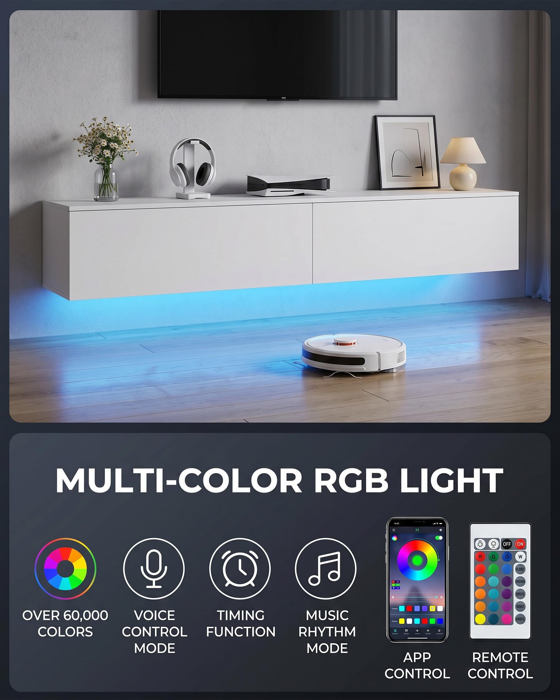 Meuble TV Suspendu Blanc 180 cm Longueur, Meuble Tele Suspendu Blanc avec Espace de Rangement, Table Tele avec Effet RGB Multicolore Variable