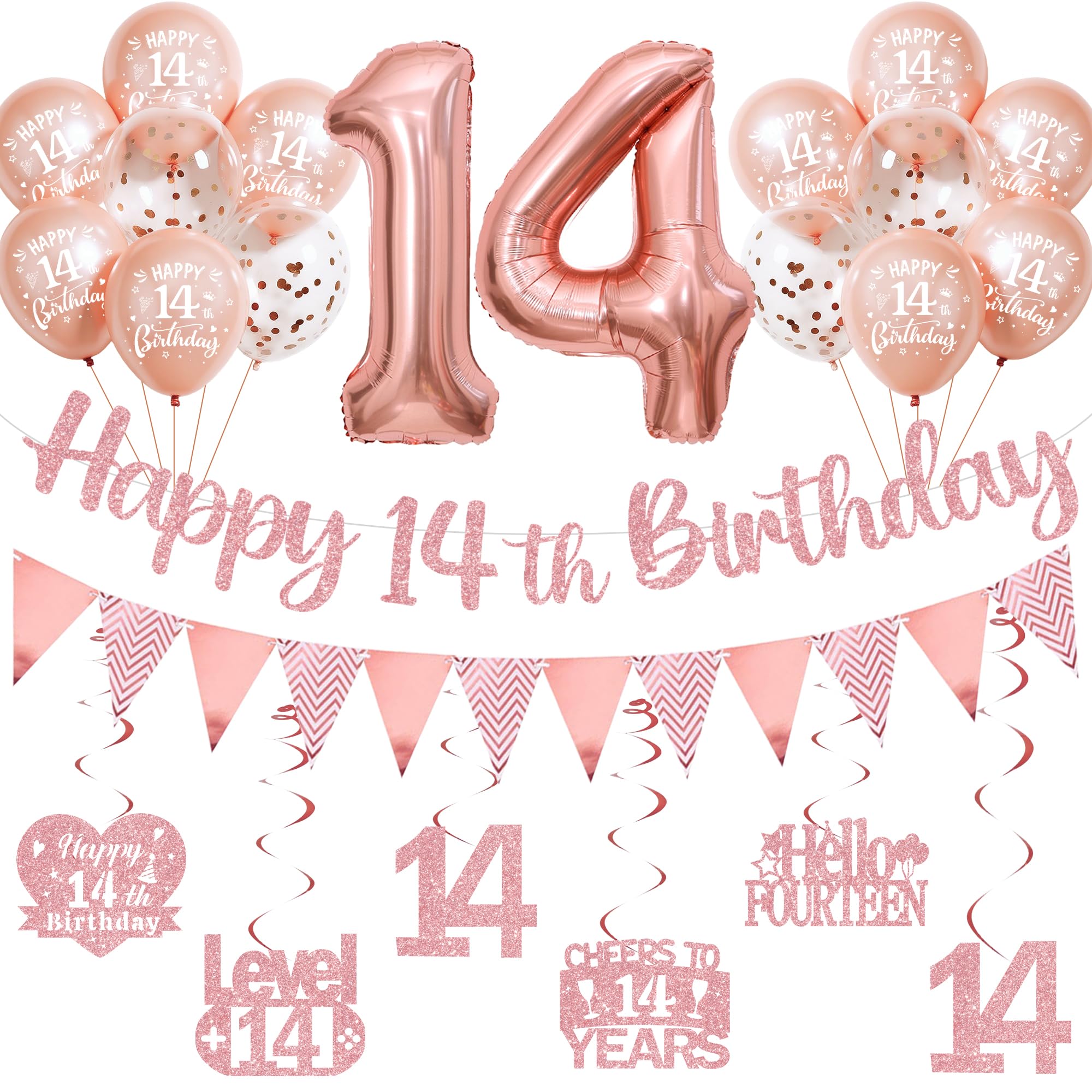 14th Birthday Decorations for Boys Girls - Rose Gold Glitter Happy 14th Birthday Letter Banner and Pennant Flags, Number 14 Foil Balloons and Hanging Swirls for 14 Years Old Children Party Supplies
