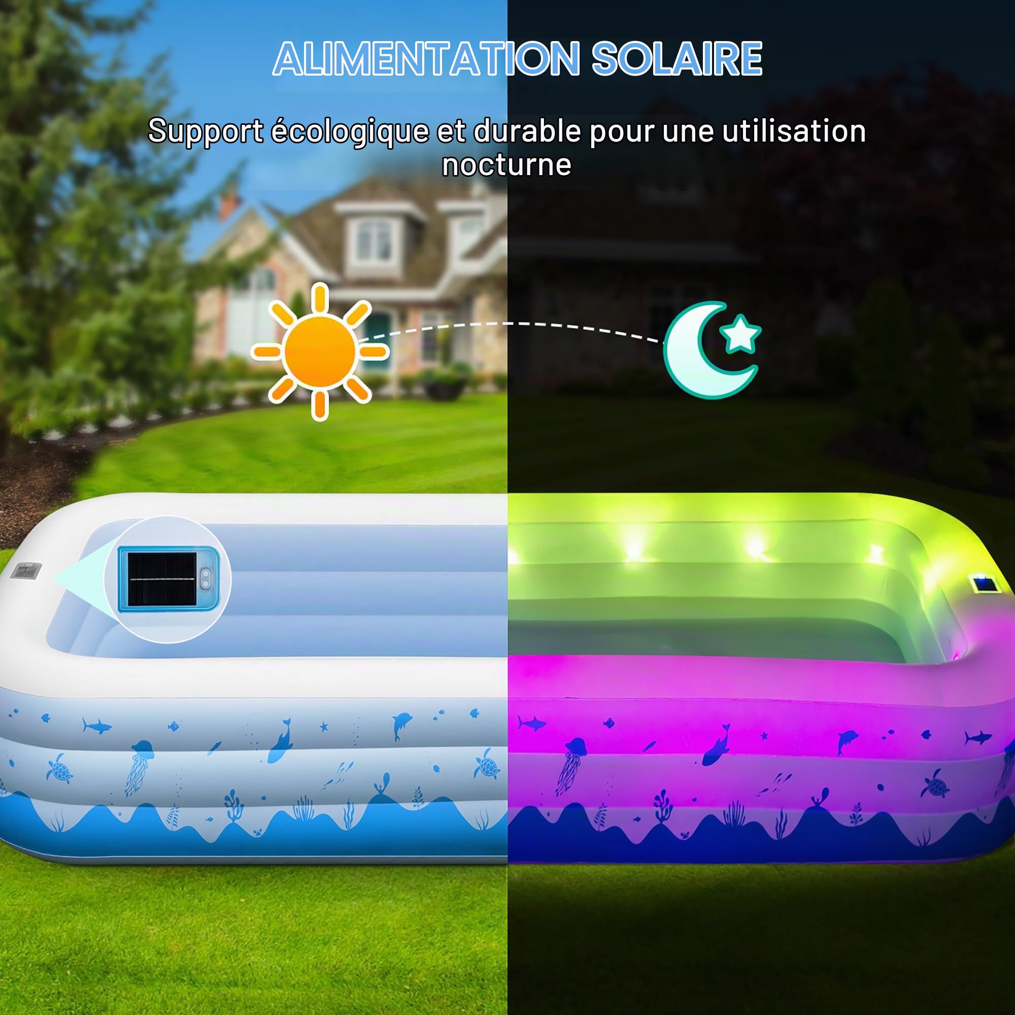 Grandes piscines gonflables avec lumières, 368 cm x 188 cm x 56 cm, piscines gonflables familiales pour Adultes, Piscine Gonflable à énergie Solaire dans la Cour arrière (la Pompe à air n'entre Pas