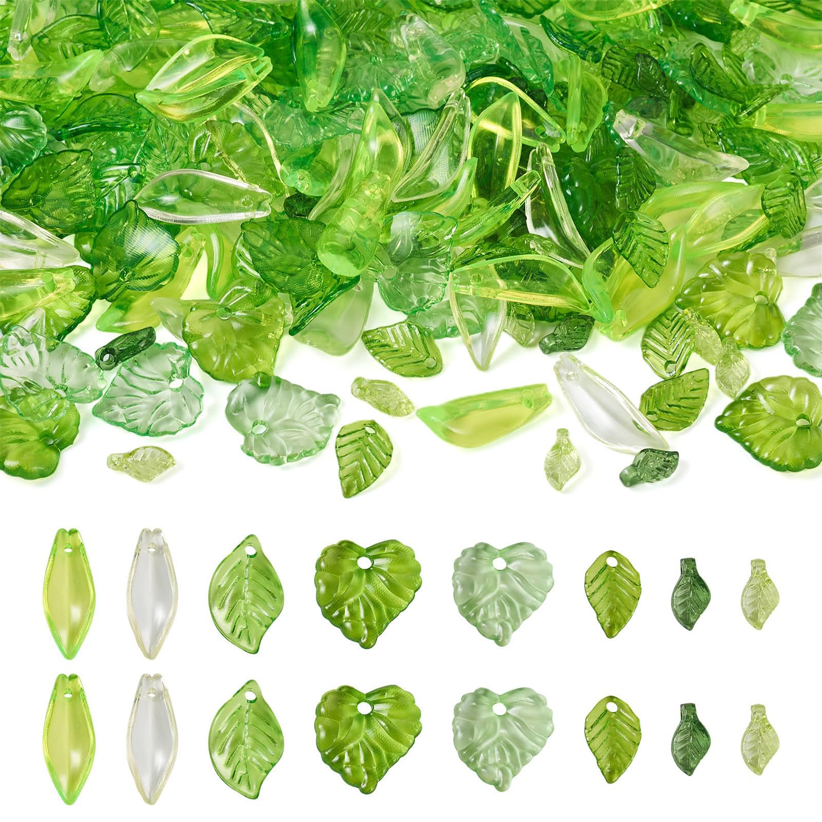 320 Pcs Green Acrylic Leaf Beads, 8 Styles Transparent Leaf Charms for DIY Jewelry Making Supplies, Bracelets and Crafts-image-21