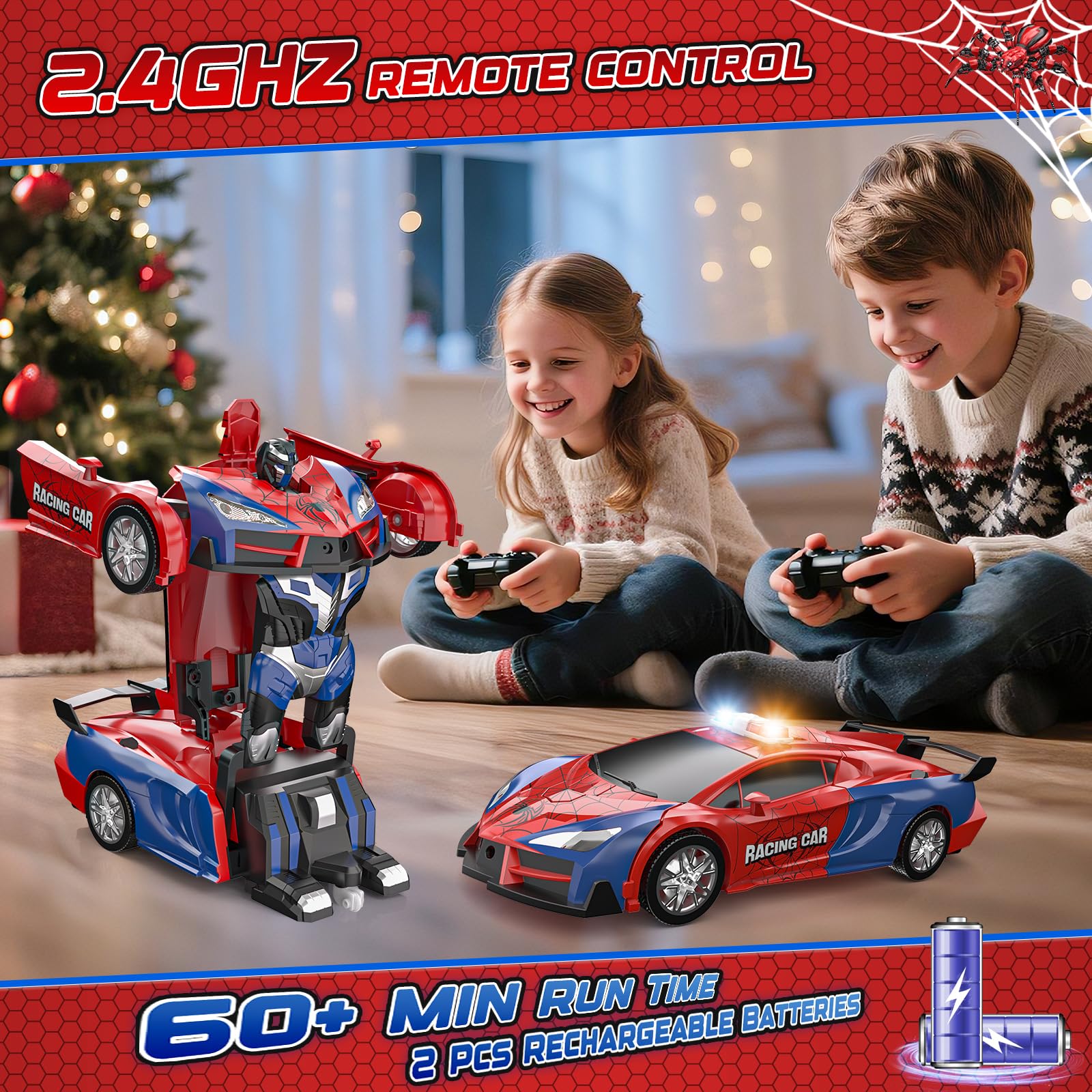 Spider Transform Ferngesteuertes Auto - 2.4GHz RC Spielzeug ab 3 4 5 6 7 8+ Jahre Junge Mädchen, 1:18 Roboter RC Auto mit One-Key Transformation & 360° Drehung, Kinder Weihnachten Geburtstag Geschenke