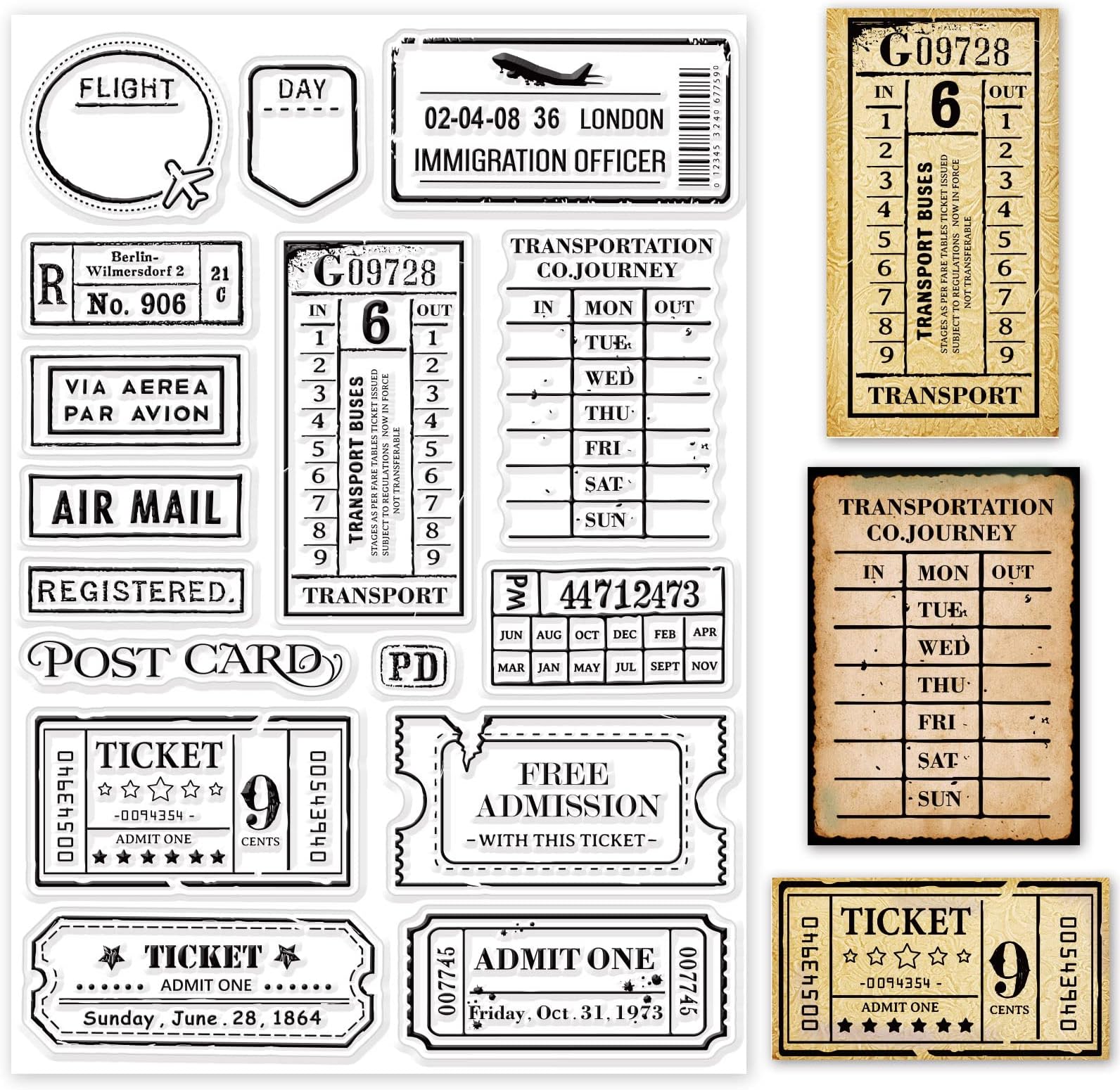 GLOBLELAND Vintage Travel Themed Clear Stamps - Tickets & Post Card Silicone Transparent Seal Stamps for Card Making & Scrapbooking