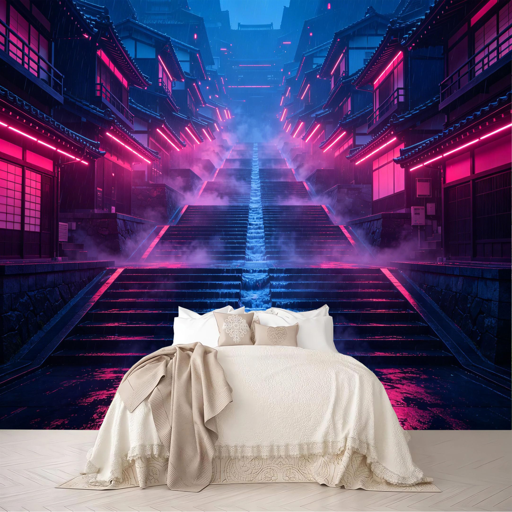 Dskjoviality Ab260706021 Custom Size Wall Mural Neon Rainy Traditional Town Stairway Cyberpunk Night Scene Removable Self Adhesive Peel And Stick Wallpaper For Bedroom Living Room