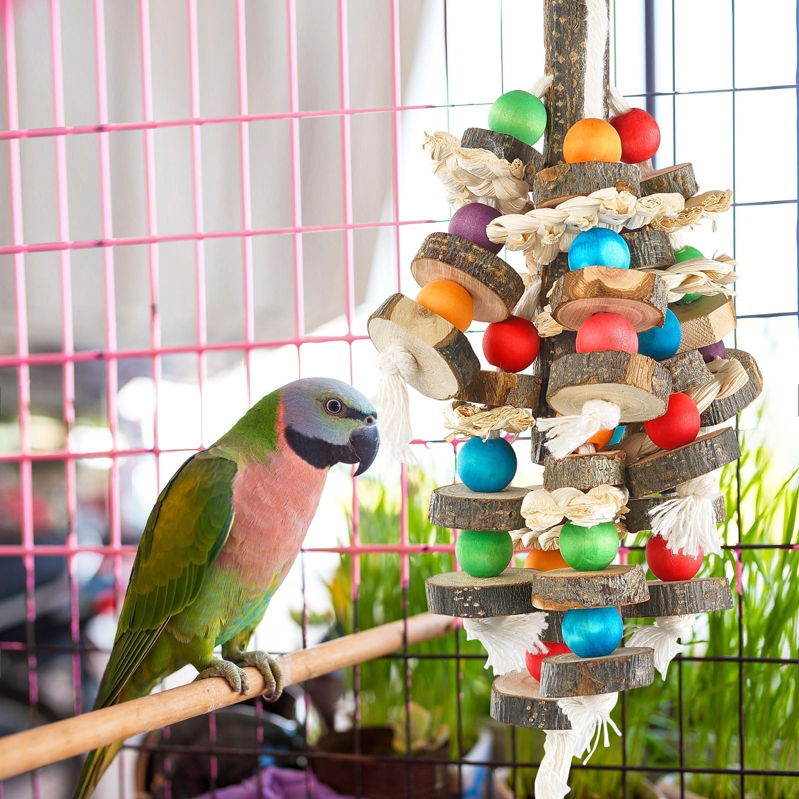 Vogelspielzeug Papagei Natürliches Kauspielzeug für Kakadus, Graupapageien, Aras und Amazonas Papageien, Mehrfarbiges Holzblockspielzeug zum Klettern, Kauen