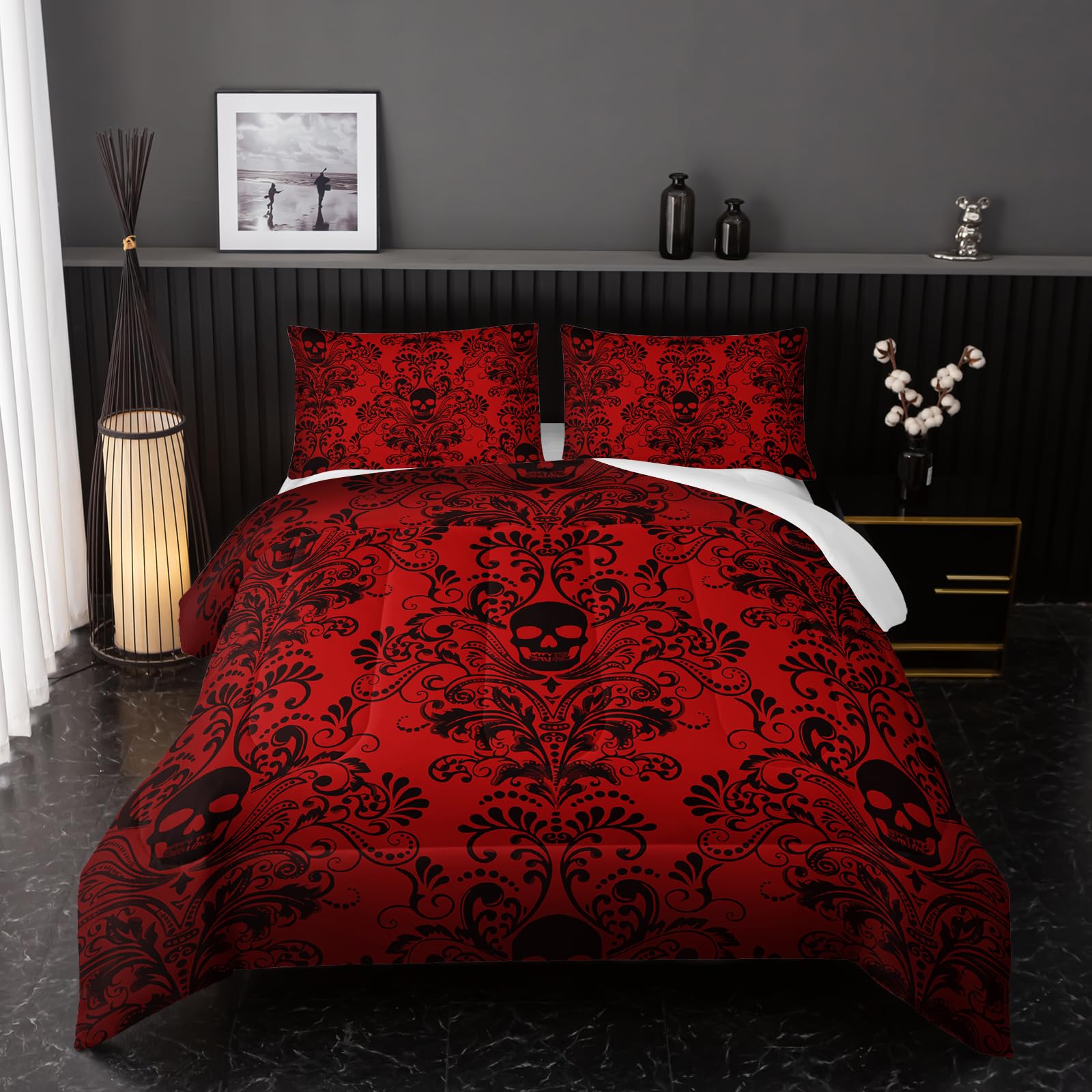 Nttopship Adults Red Gothic Comforter Set Twin Size,Vintage Damask Floral Bedding Set 3Pcs,Bohemia Bedding Set Goth Skull Printed Quilted Set for