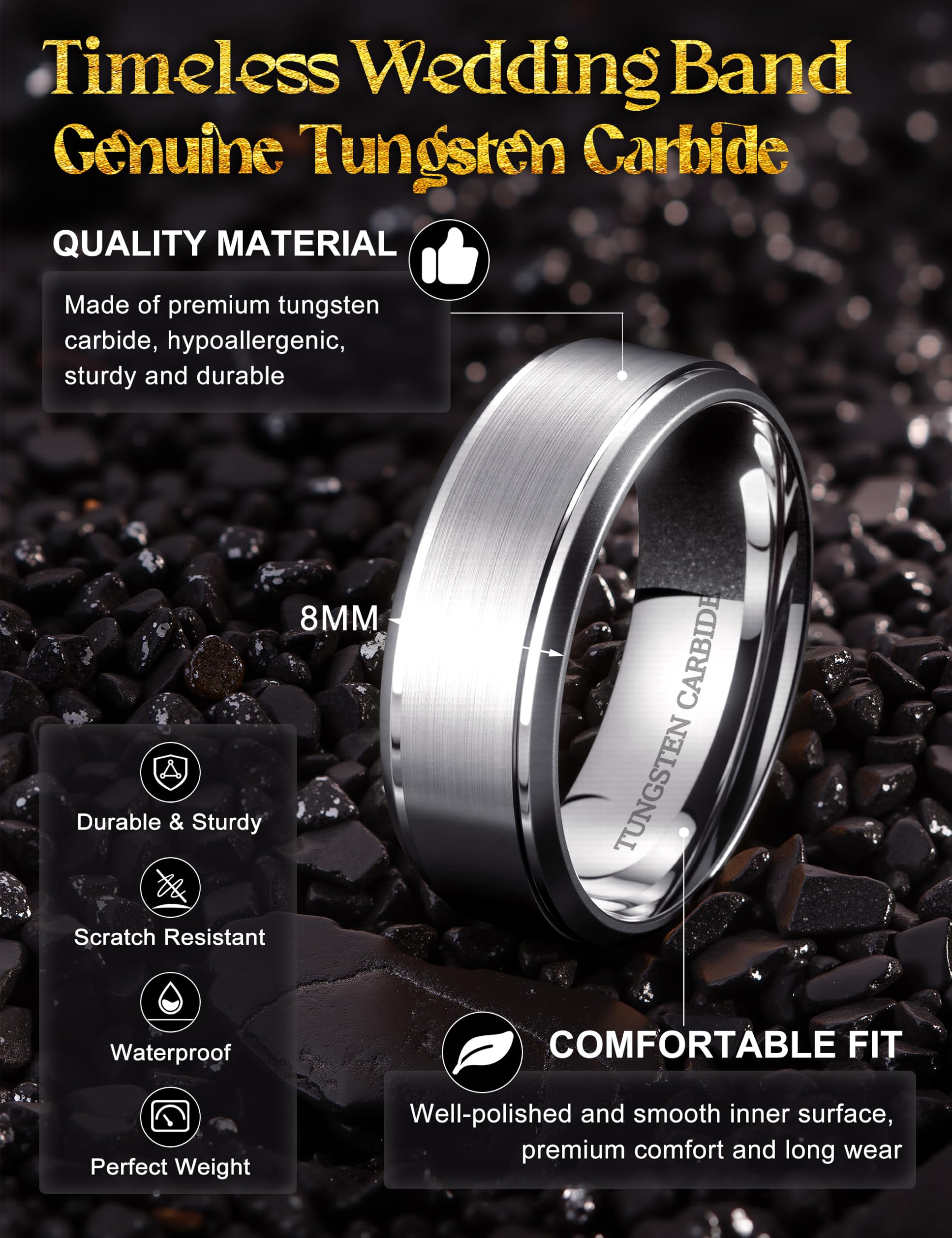 CASSIECA Bague Homme Femme Tungstène 8mm, Alliance Homme Bagues Anneau de Mariage/Fiançailles/d'Amitié/Bague Qualité Oro Argent Noir Bijoux de Mode, Taille 52(16.6)-72(22.9)