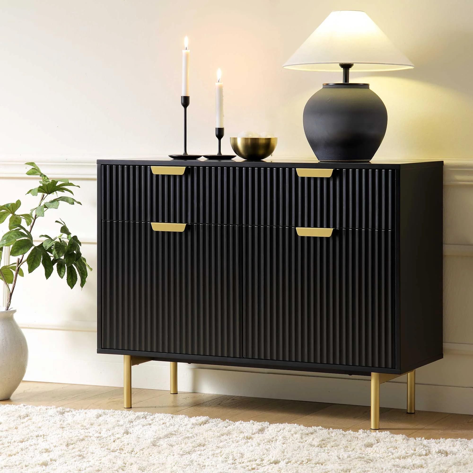 Wooden Sideboard Cabinet for Living Room | Kitchen Crockery Cabinets with 2 Drawers & 2 Door | Storage Unit for Bedroom | Engineered Wood & Iron(Black & Golden)-image-16