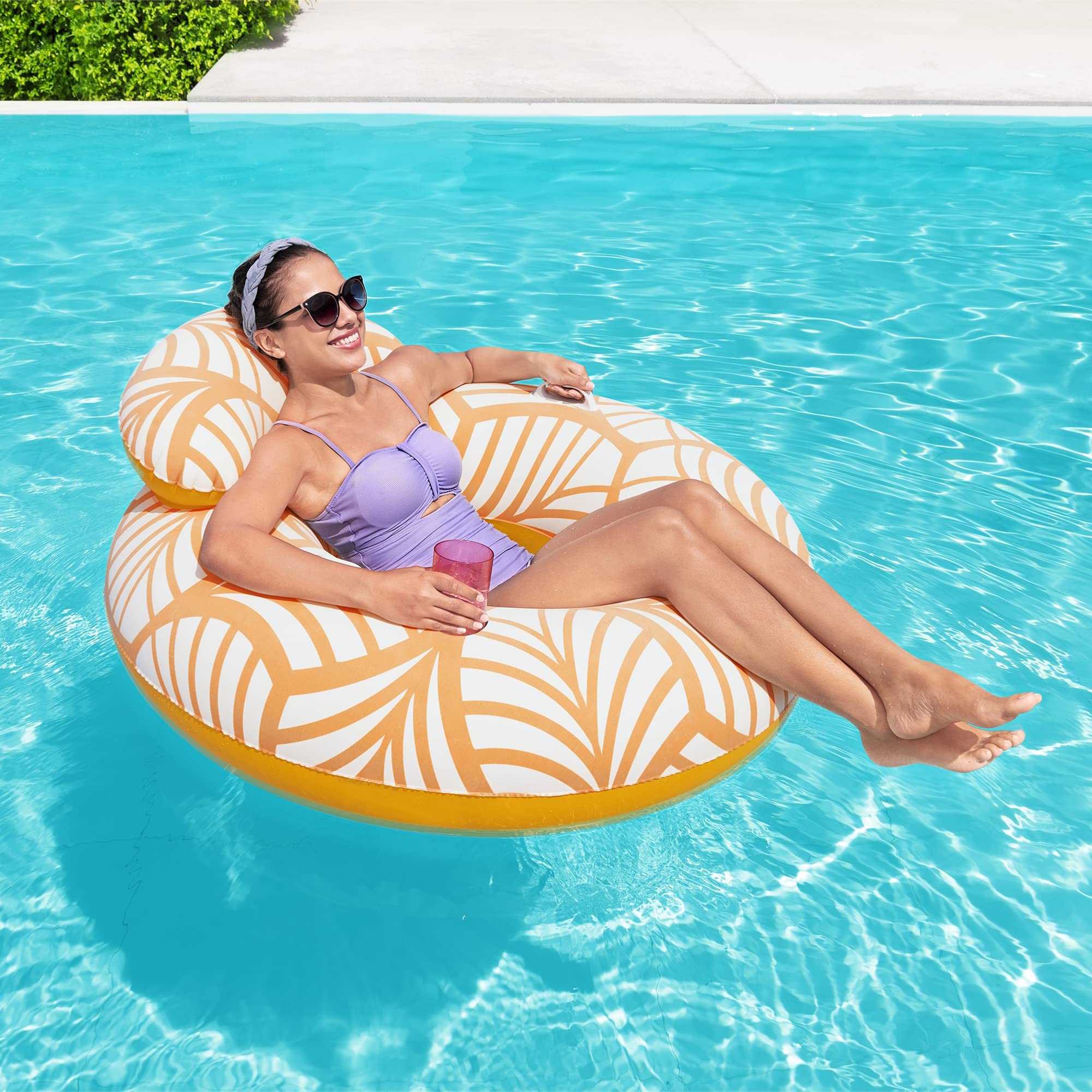 H2OGo! - Tubo da nuoto in peluche, 118,1 x 116,8 cm, colore: giallo e bianco, galleggiante gonfiabile per acqua, portabicchieri integrato, cuscino comodo, valvola a 2 vie, facile da gonfiare e