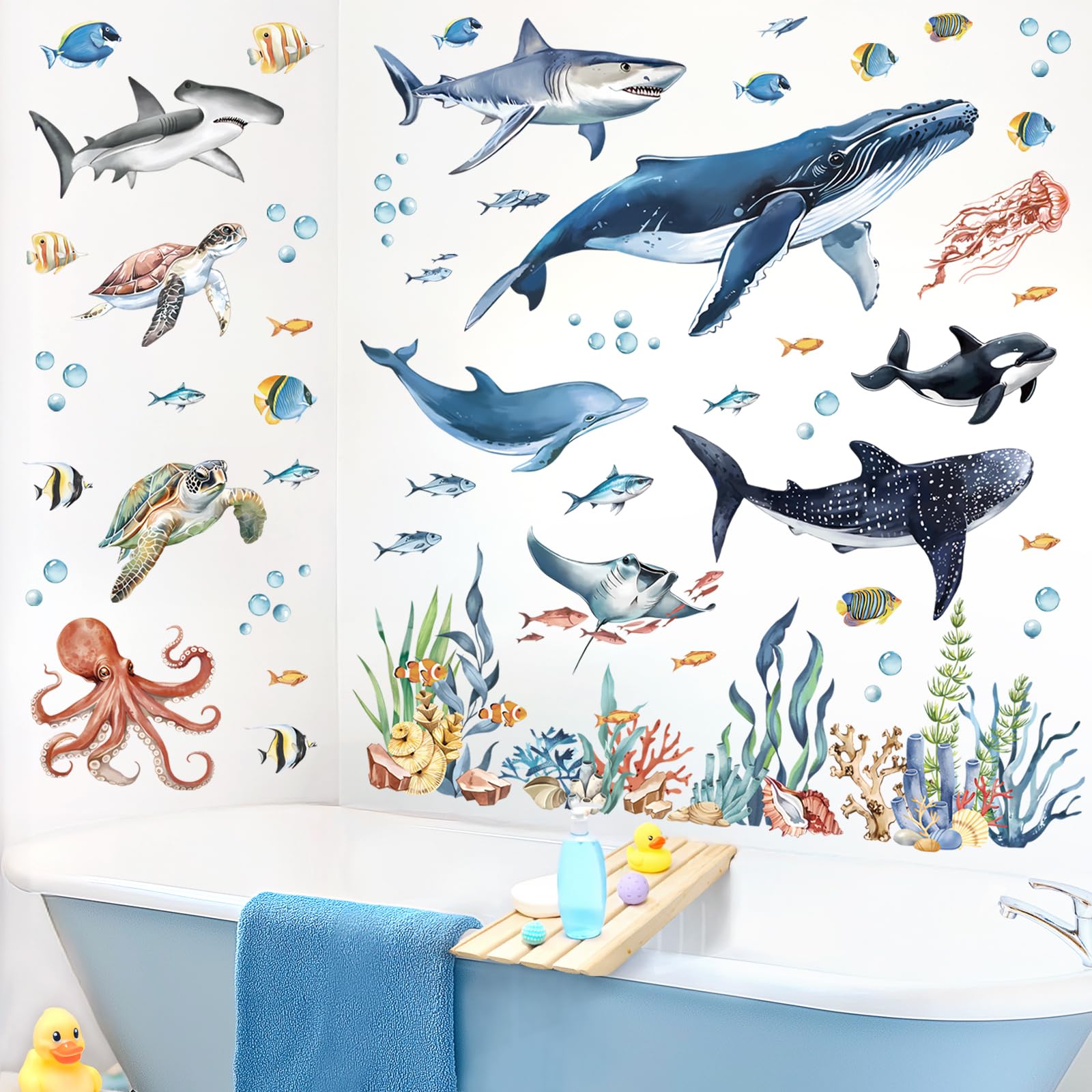 decalmile Under The Sea Fish Wall Decals Ocean Animal Sea Turtle Seaweed Whale Wall Stickers Bathroom Baby Nursery Bedroom Living Room Wall Decor - Image 2