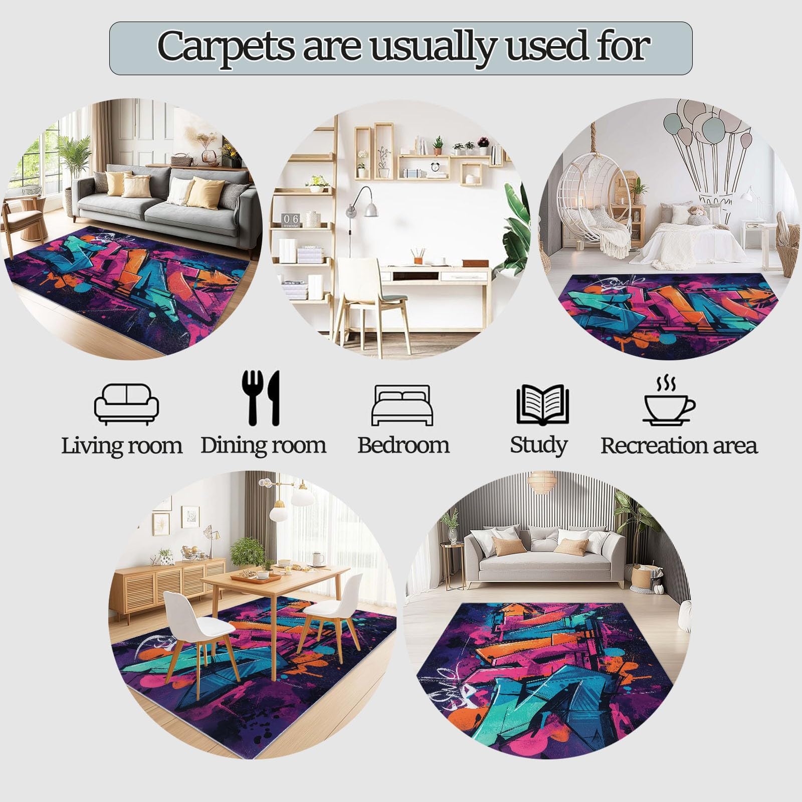 Tapis D'Appoint Abstrait Graffiti Lettres Lignes 120 x 180 cm, Doux Lavables Antidérapant Enfants Adultes, Violet Cool Tendance Tapis pour Salon Chambre Jeux