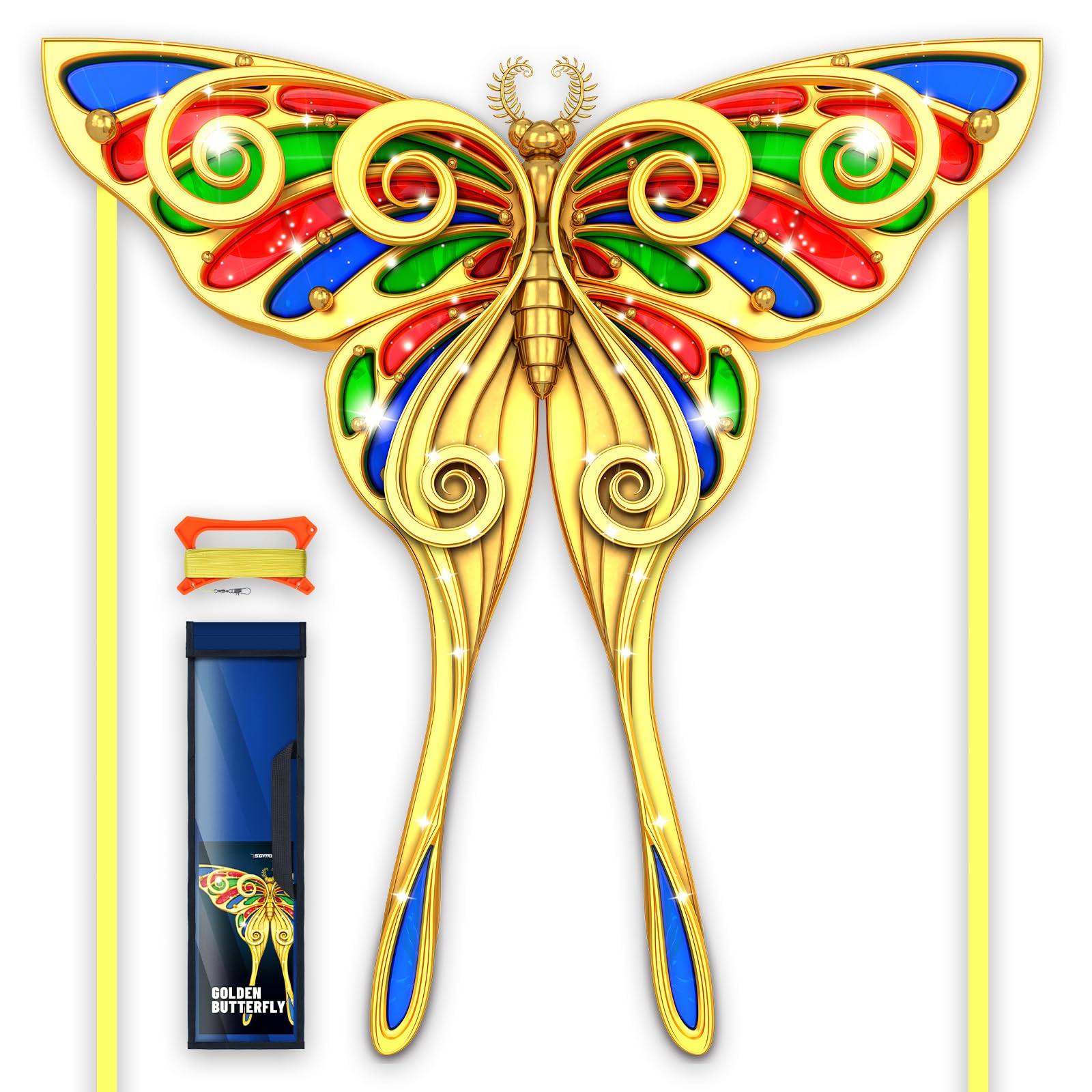 SGftre Golden Butterfly Design Kites ，Outdoor Work Colorful Kite Long Tails，Easy to Fly ，Outdoor Flying Toys for Adult and Kids Surf with Handle