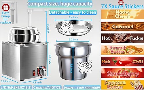 Miniatura 5 de Dispensador de queso nacho, calentador de queso nacho de 7.4 cuartos con bomba, calentador de dulce de azúcar caliente de acero inoxidable con