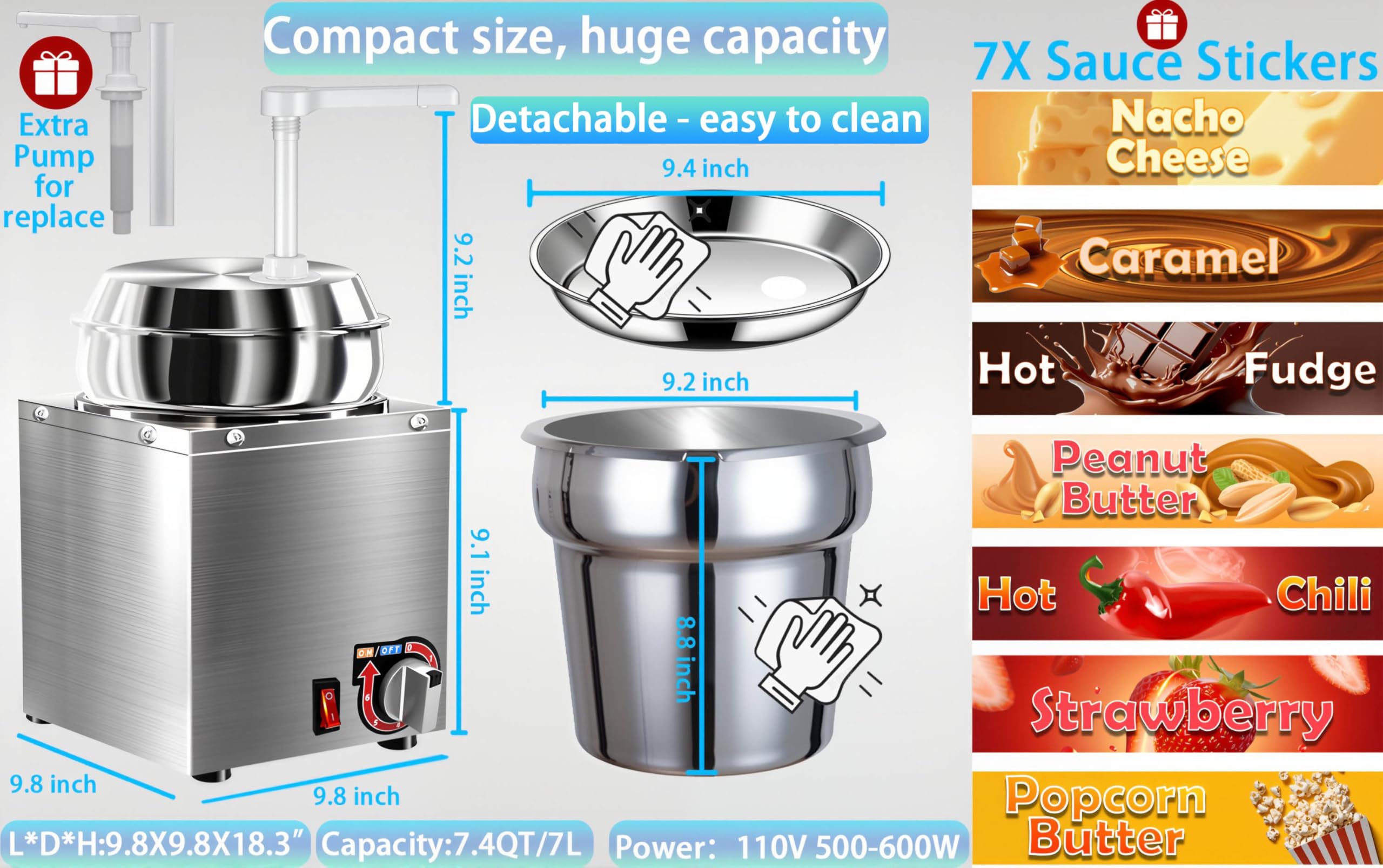 Dispensador de queso Nacho, calentador de queso nacho de 7.4 cuartos con bomba, calentador de caramelo caliente de acero inoxidable con ajuste de temperatura de 6 niveles, dispensador de salsa