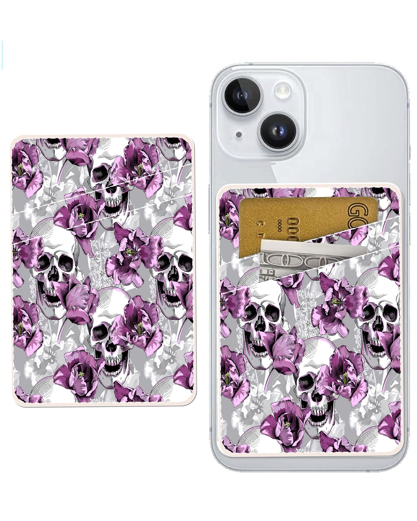 AOHRO Dual Pocket Leather Phone Wallet Adhesive Stick On, Cute & Cool Skull Flower Card Holder