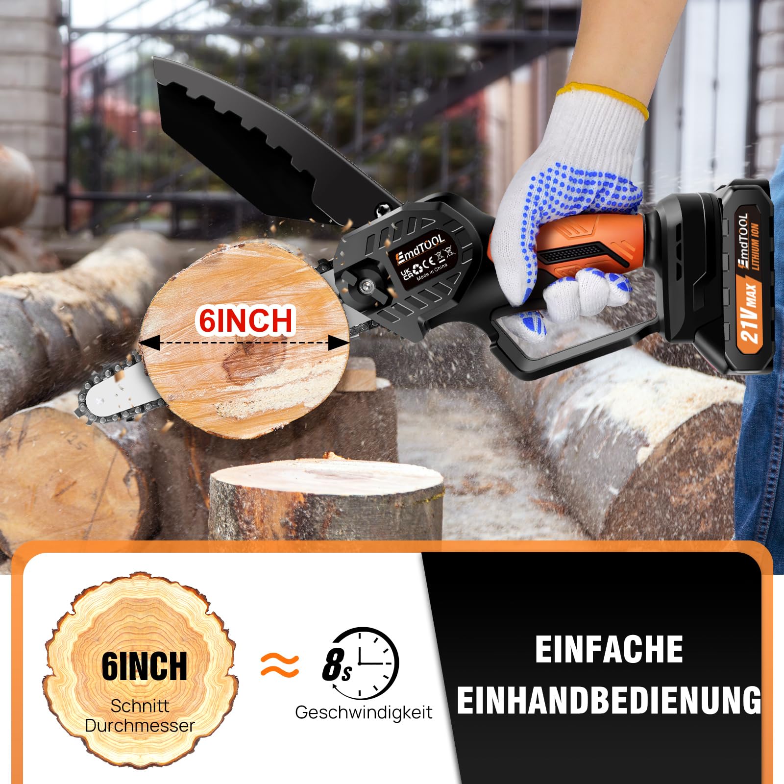 21V Akku Kettensäge mit Akkus, 2 Kette, 6 Zoll Orange Kettensäge Elektrisch Handsäge Einhand Handkettensäge mit Sicherheitsschloss für Gartenarbeit Baumbeschneidung Holzschneiden