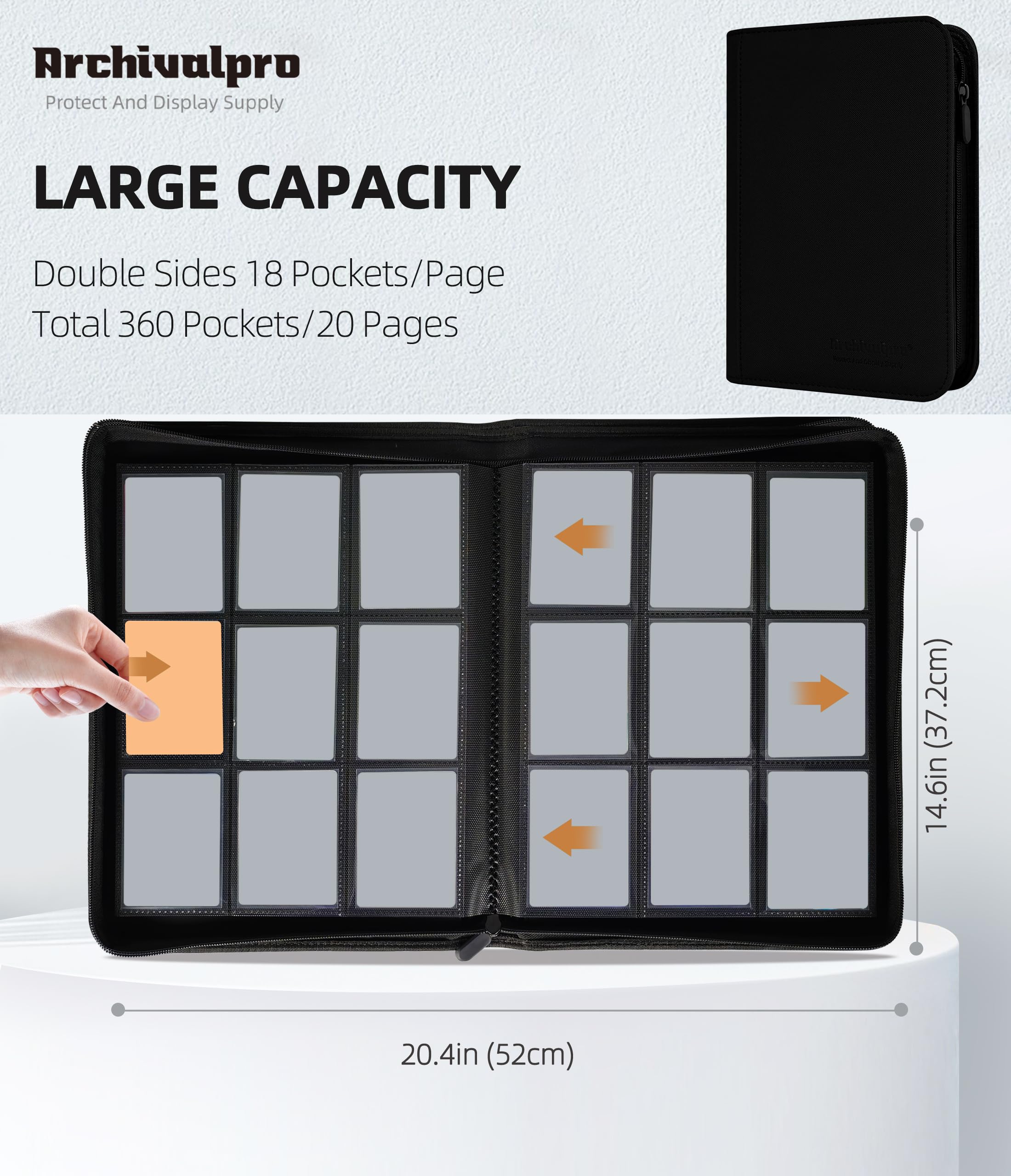 Archivalpro 9 Pockets Premium Card Binder 360 Cards Trading Card Binders Zip Card Storage Display Album(9 Pocket 360 Card Slot,Black) - Image 2