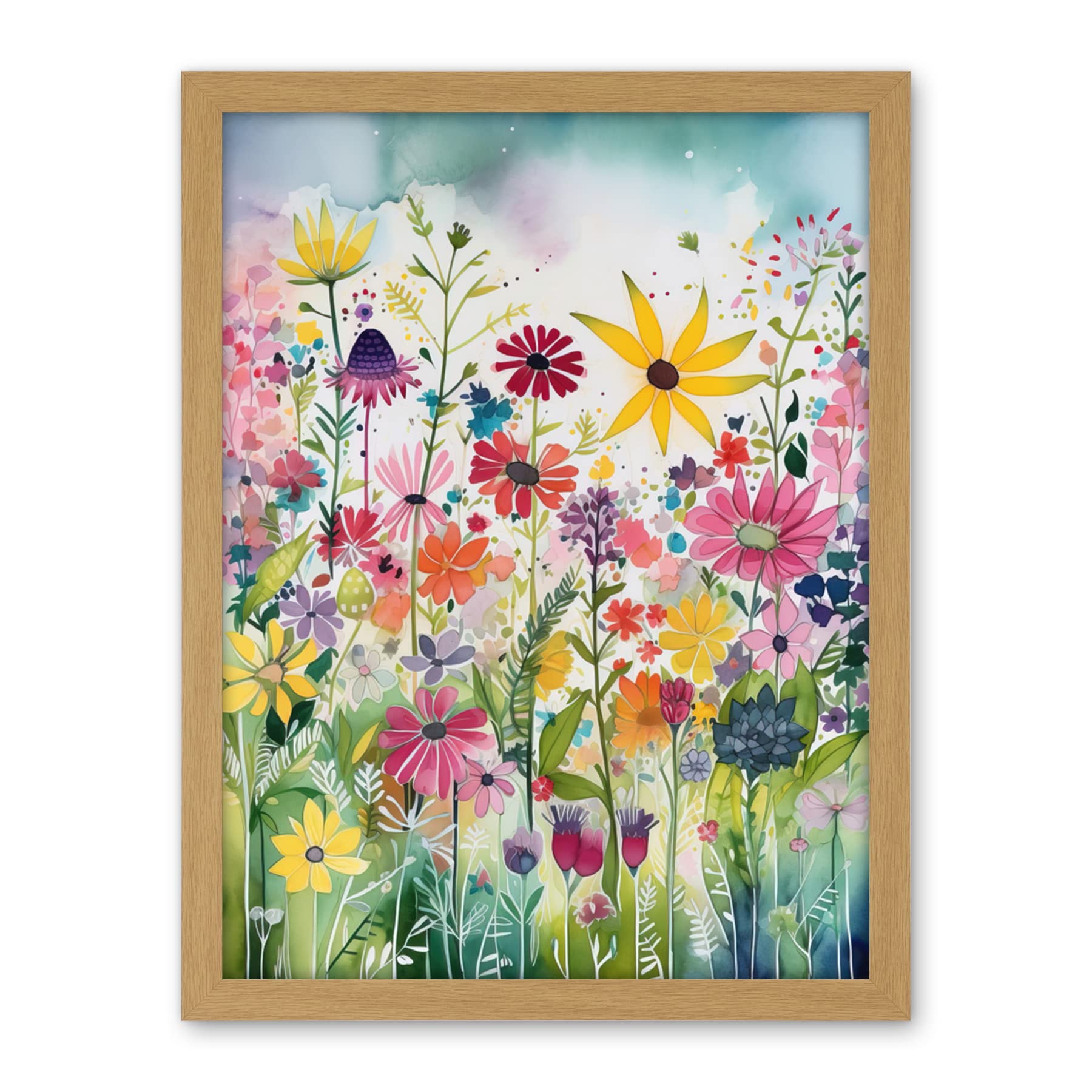 Artery8 Bright Wildflower Floral Blooms Folk Art Artwork Framed Wall Art Print 18X24 Inch