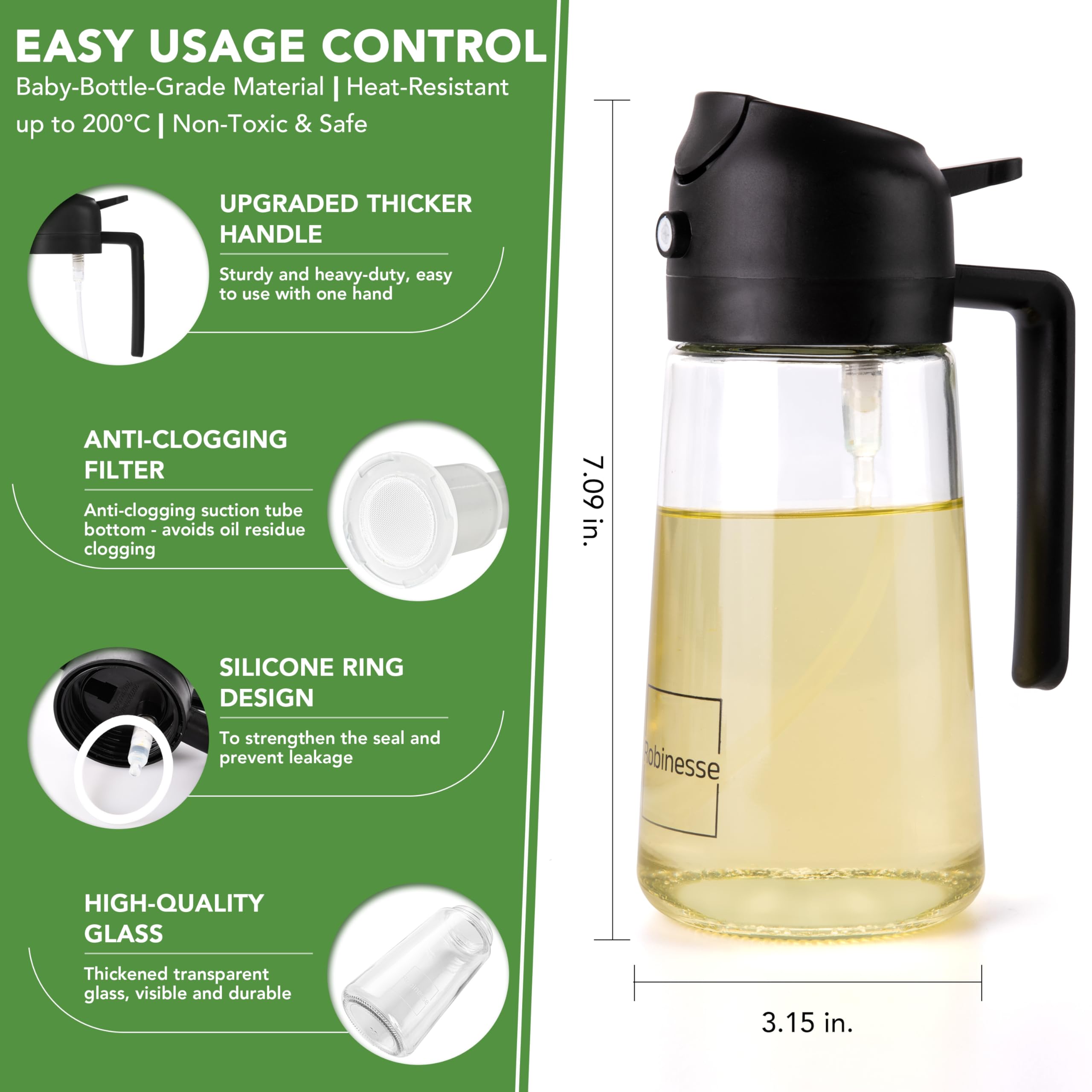 Pulverizador y dispensador de aceite 2 en 1, con botella de vidrio de aceite de oliva para cocinar, y convertirlo en freír al aire, ensalada, barbacoa y hornear, color negro