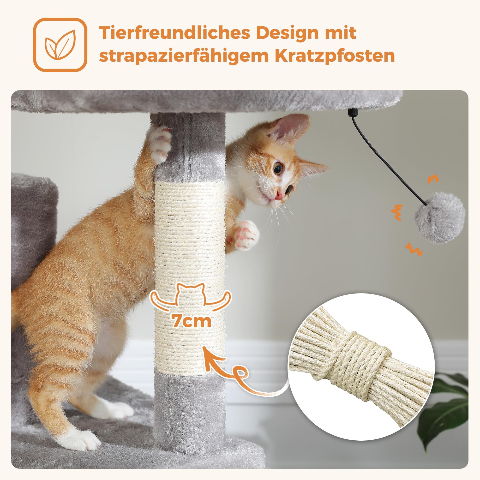 PETEPELA 180cm Kratzbaum groß, Multi-Level Katzenbaum für große Katzen, mit 6 Sisalsäule, 2 Kratzbrettern, 2 Plattformen, 1 Hängematte, 2 Spielbälle, Plüsch-Stoff, grau