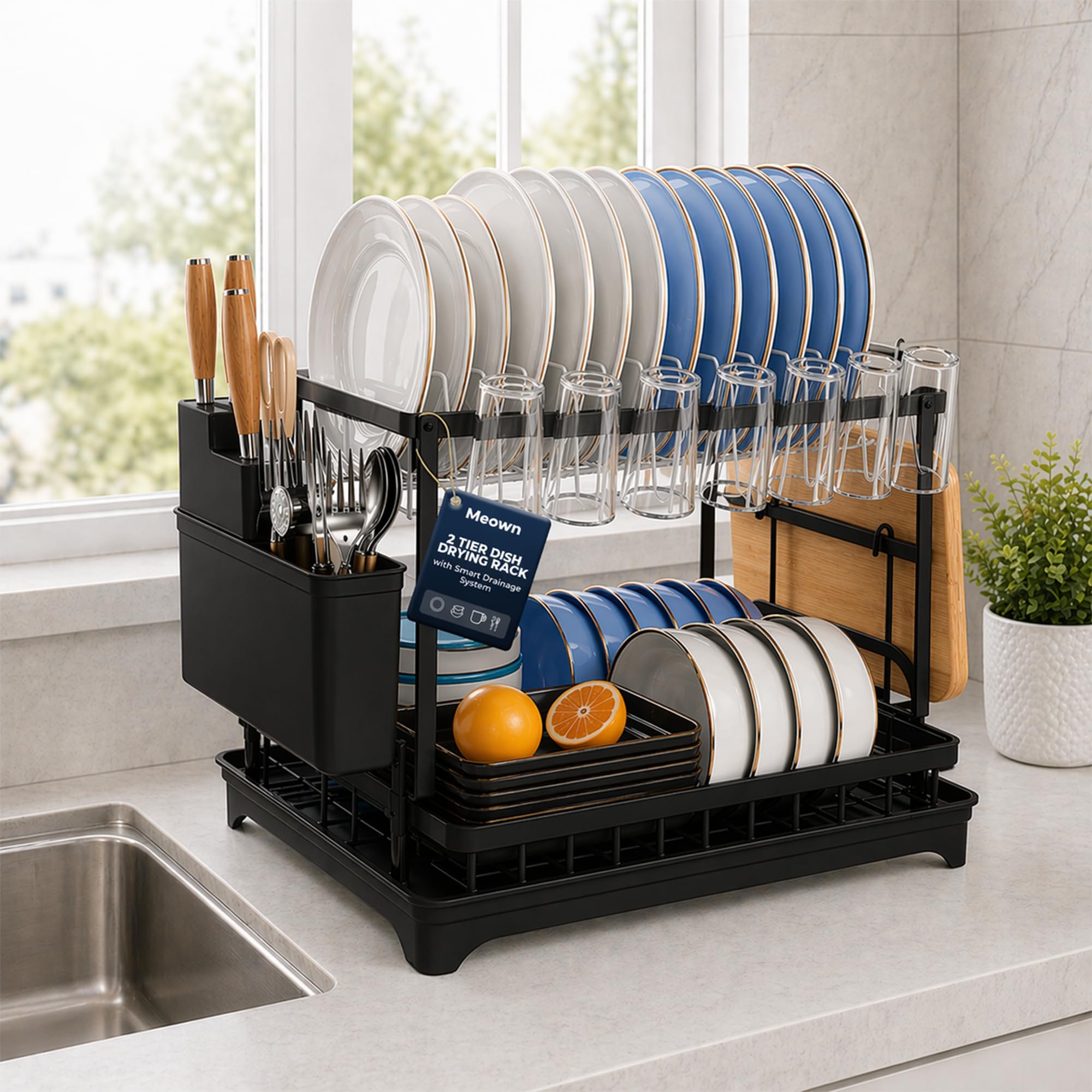 Meown Dish Drying Rack with Drainage Spout, Kitchen Dish Drainer Rack with Cutlery Holder and Cup Holder, Space Saving Dish Rack for Kitchen Counter, Plate Rack Draining Board (Black, 2 Tier)
