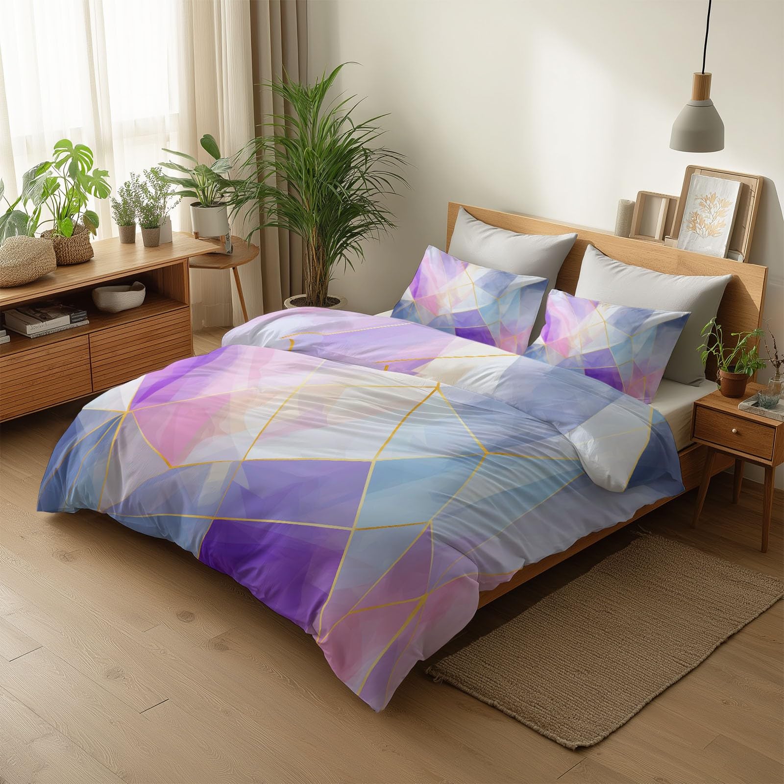 Komplet pościeli z mikrofibry, z zamkiem błyskawicznym, abstrakcyjny geometryczny wzór, wielokąt, lawendowo-szary, 155 x 220 cm, łatwy w pielęgnacji, hipoalergiczny