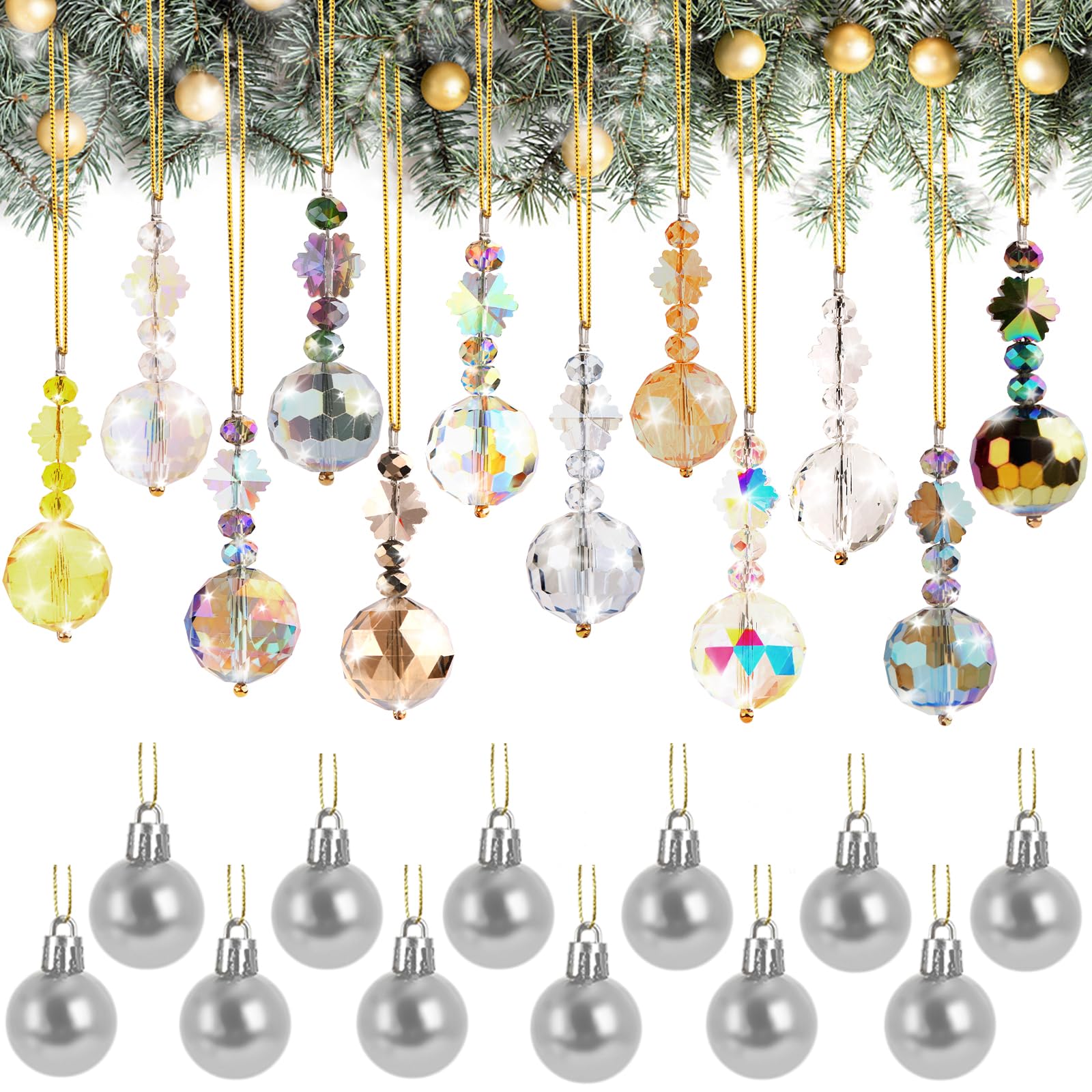 Yomaido Crystal Ball And Silver Ball 22Mm Xmas Tree Crystal Baubles 12Pcs Christmas Glass Balls Of Rainbow Prism Suncatchers With 12Pcs Christmas Baubles In Silver And Strings For Xmas Tree Hanging Decorations