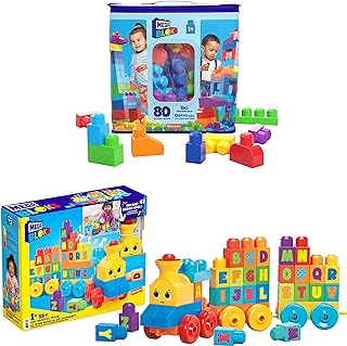 Mega Bloks First Builders Big Building Bag with Big Building Blocks and ABC Musical Train Preschool Building Block Train Toy for Toddlers