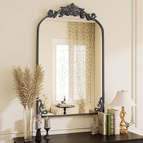 Miniatura 2 de VooBang Espejo de baño vintage arqueado de 26 x 38 pulgadas, magnífico espejo de tocador de pared con hermoso marco retro de proceso de grabado